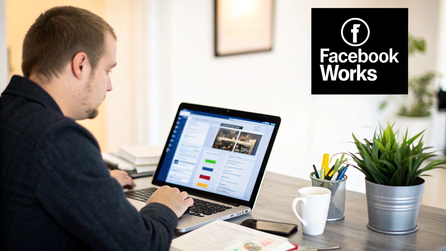 A man works on a laptop displaying a Facebook interface, with office items and a plant.