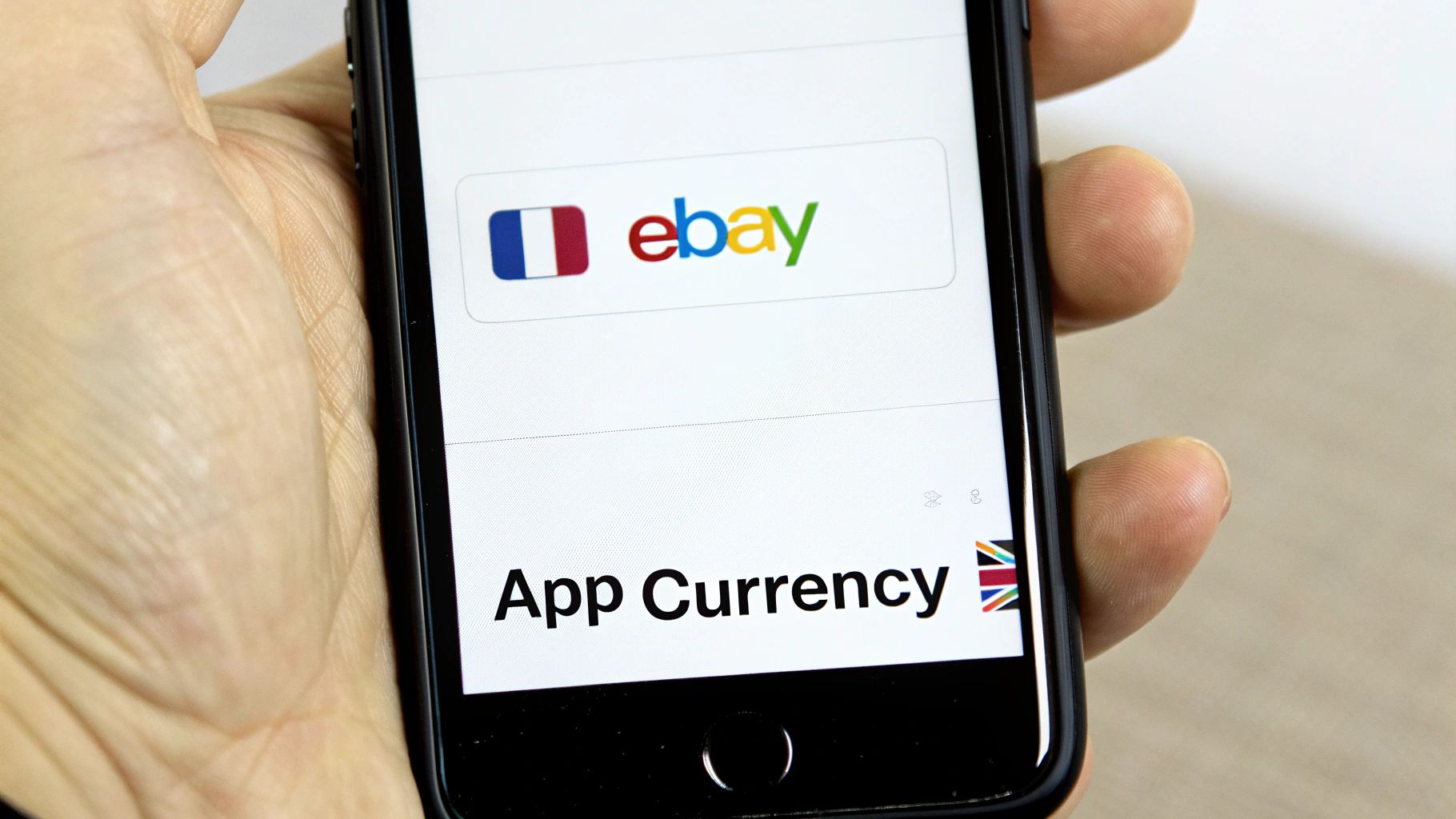 A hand holds a smartphone displaying the eBay app, showing currency settings with French and UK flags.