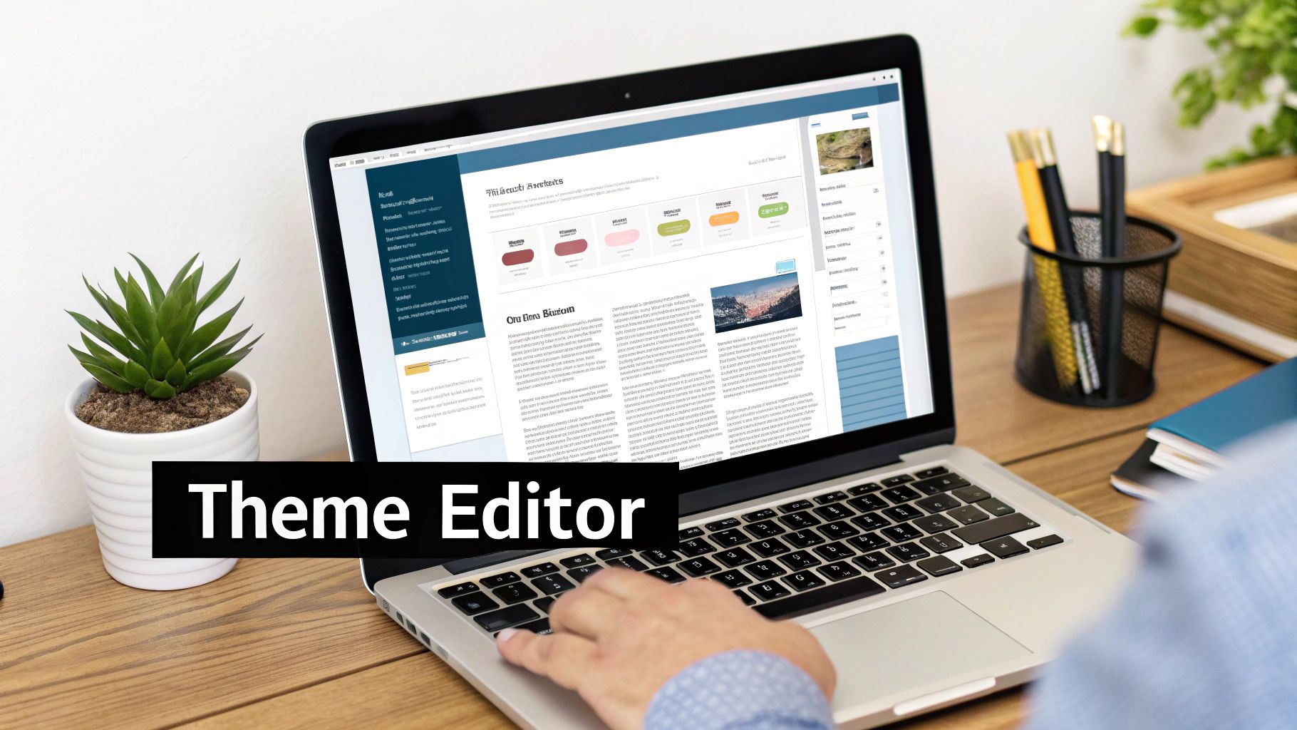 Person customizing a website theme on a laptop, showing a content management interface with 'Theme Editor' overlay.