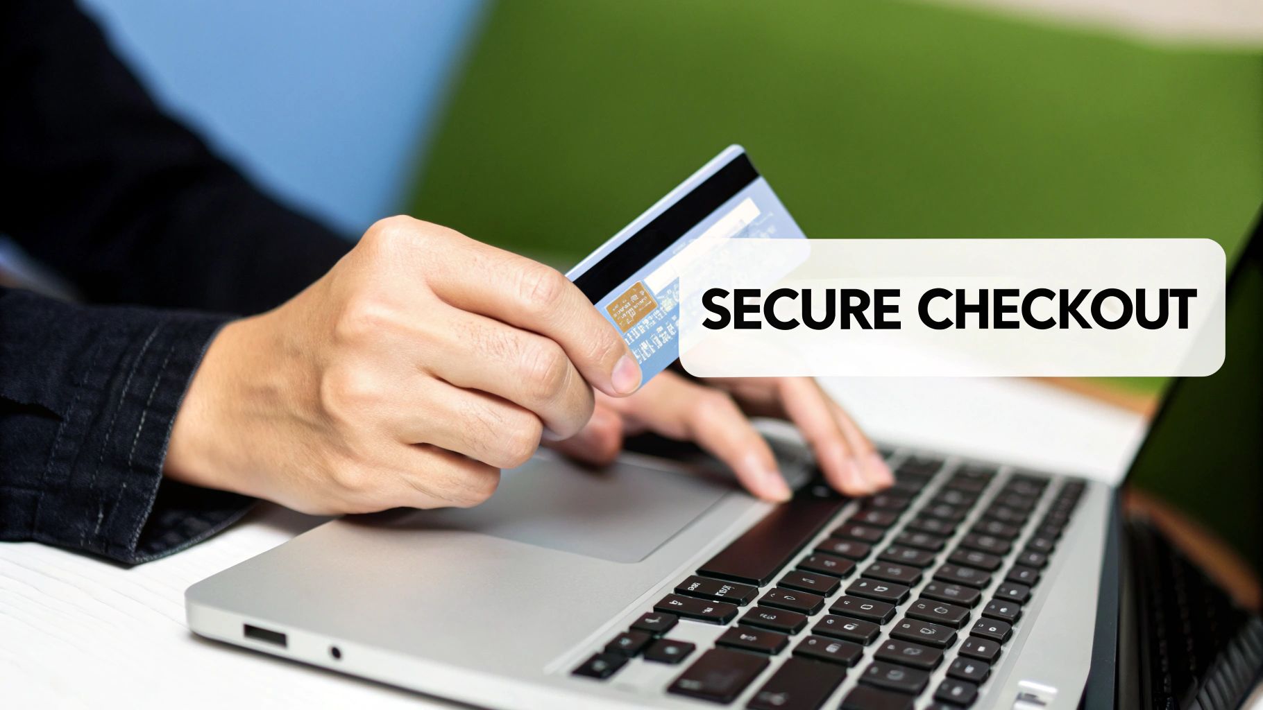 Close-up of a person holding a credit card over a laptop keyboard, shopping online.