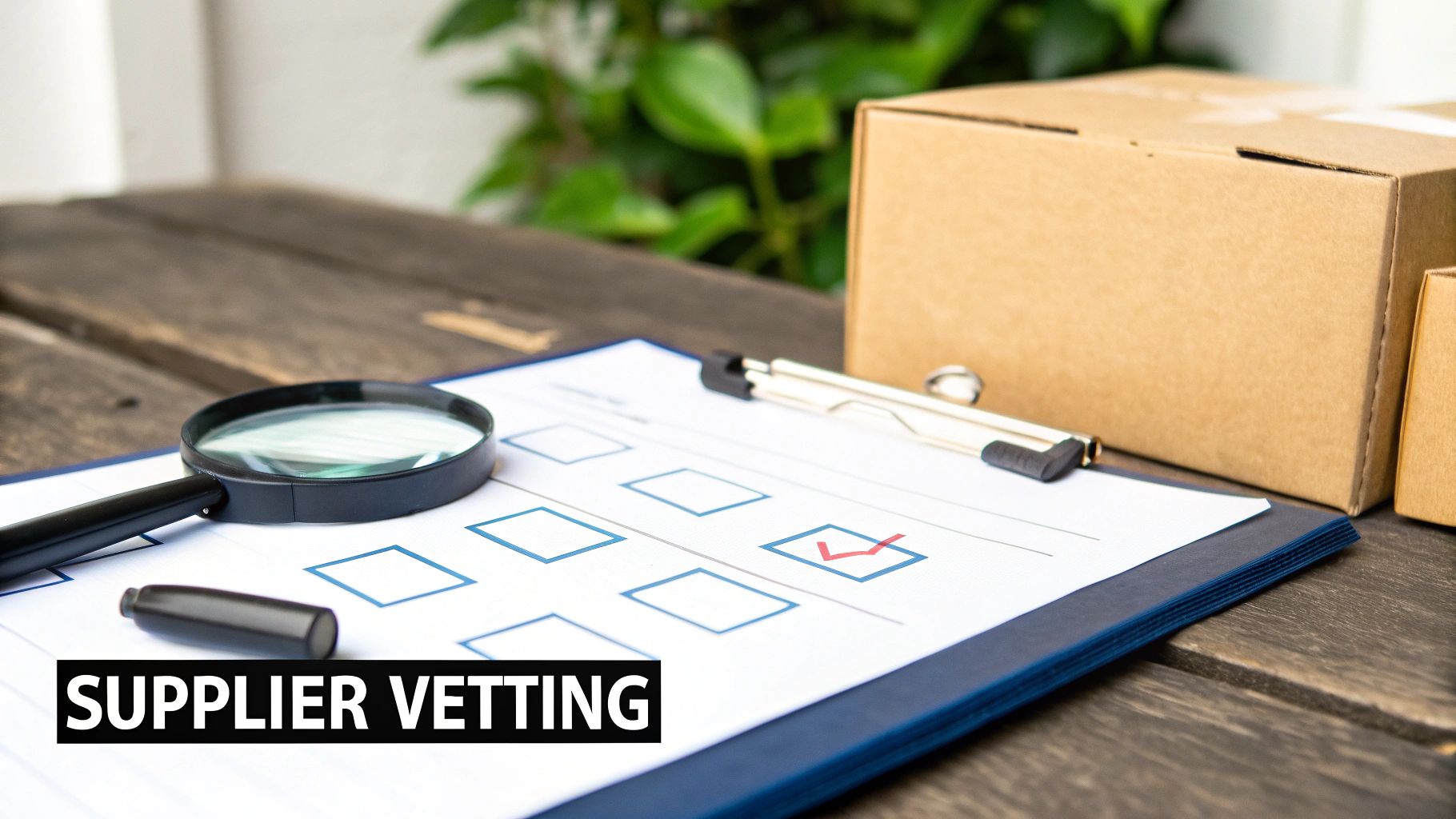 A magnifying glass, checklist with a red checkmark, and boxes on a wooden table, symbolizing supplier vetting.