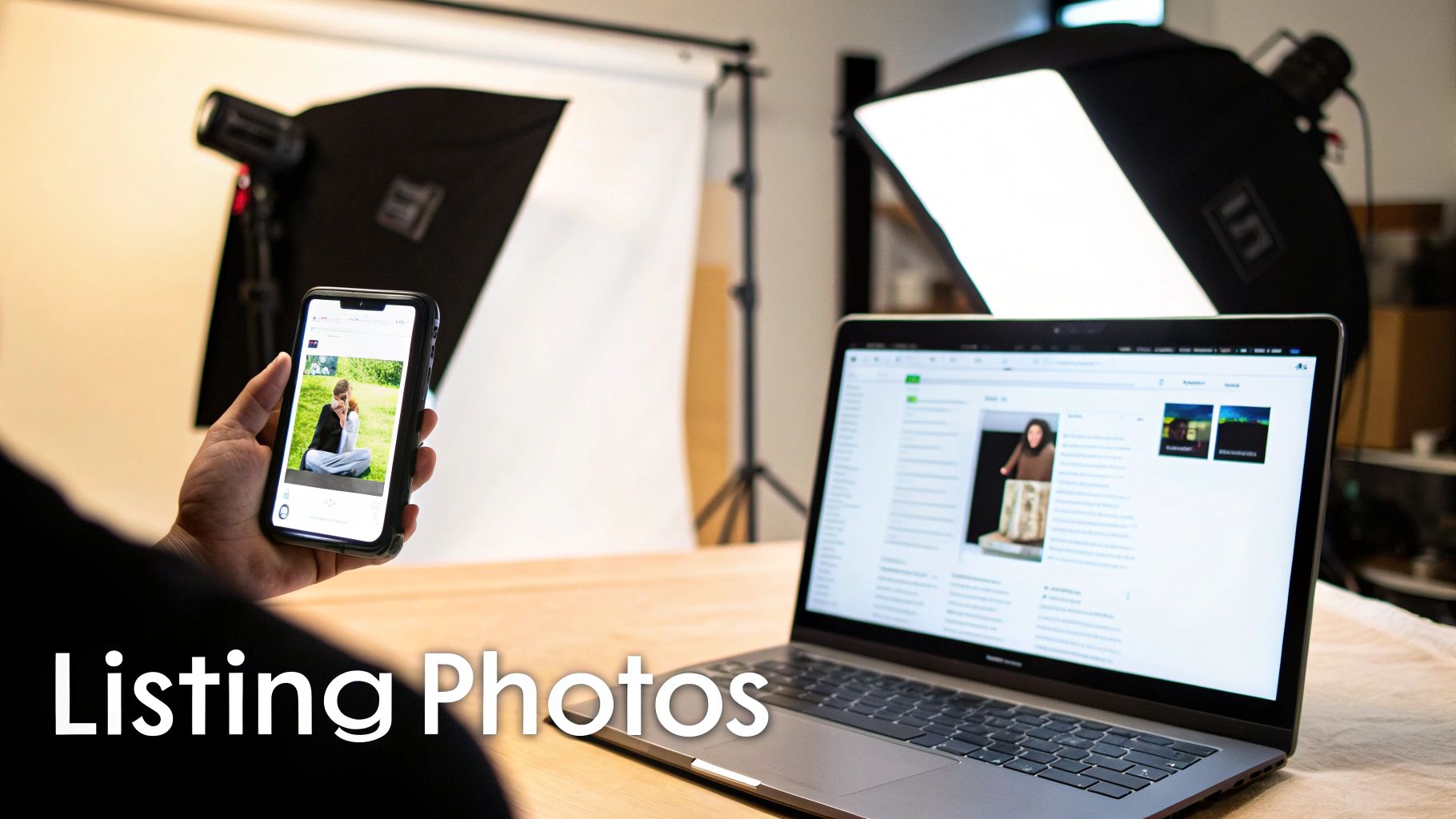 A person holds a phone displaying a photo, with a laptop showing listings in a photography studio setup.