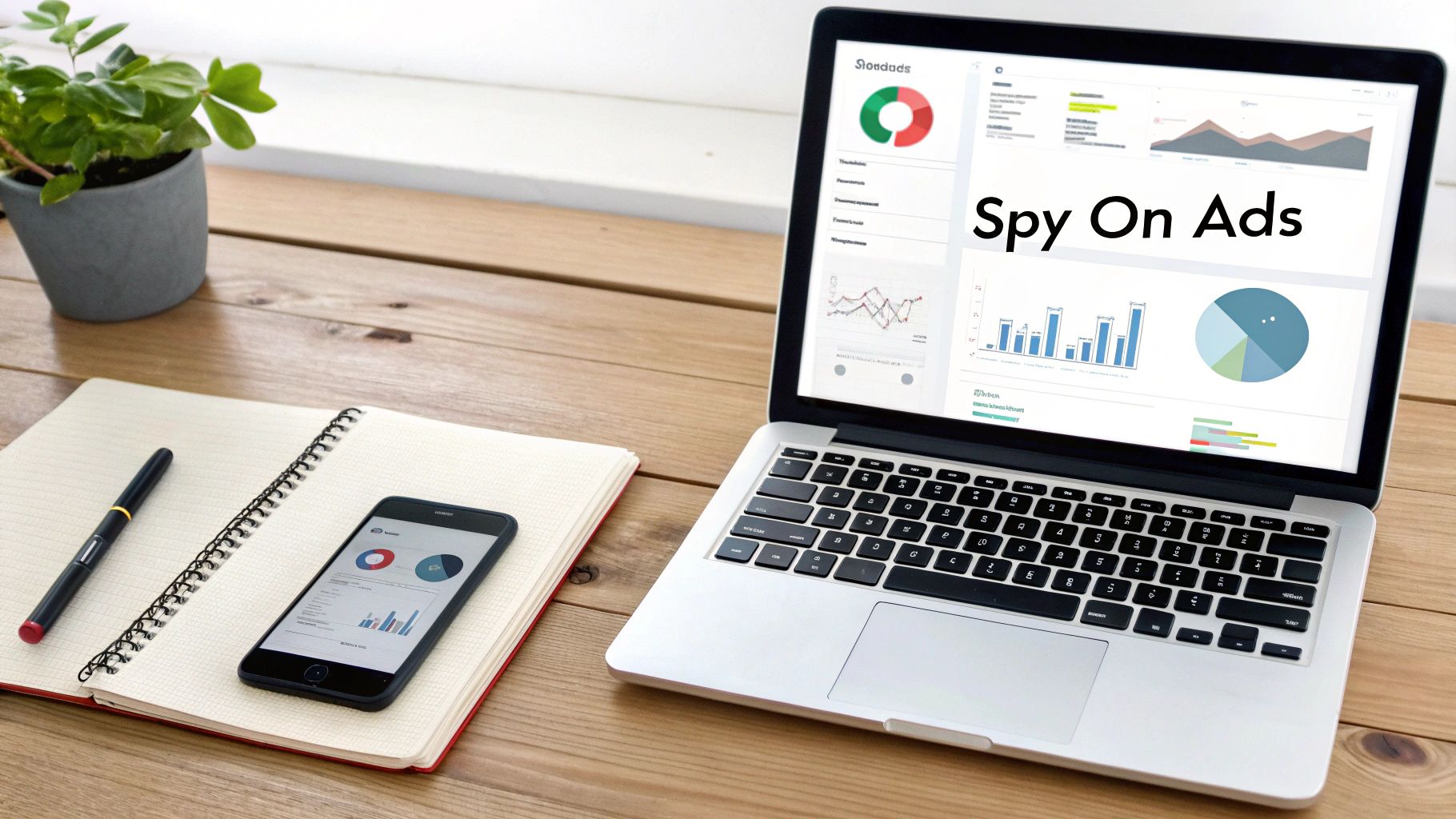 A laptop and smartphone display ad analytics dashboards with charts and 'Spy On Ads' text on a wooden desk.