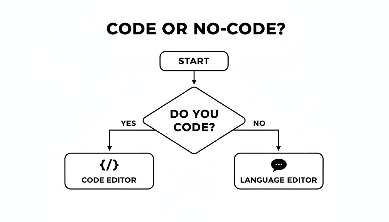 A flowchart titled 'CODE OR NO-CODE?' illustrates a decision path for coding ability.