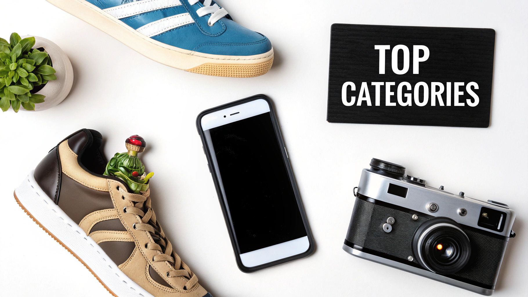 Flat lay showing a smartphone, sneakers, camera, plant, and 'TOP CATEGORIES' sign.