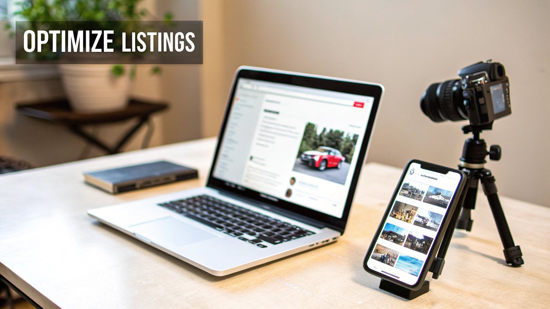 A desk setup with a laptop, smartphone displaying images, camera, and a book for optimizing online listings.