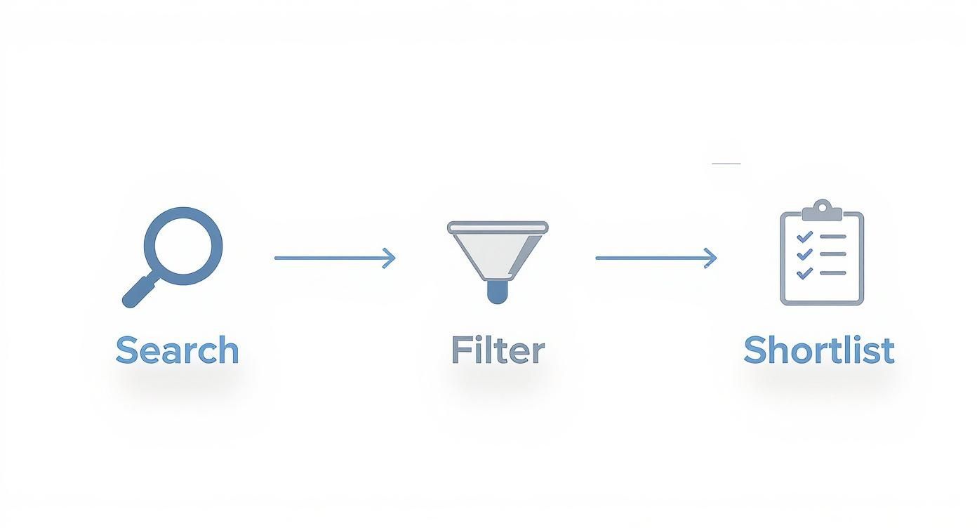 Visual representation of a process flow, including search, filter, and shortlist steps with icons.