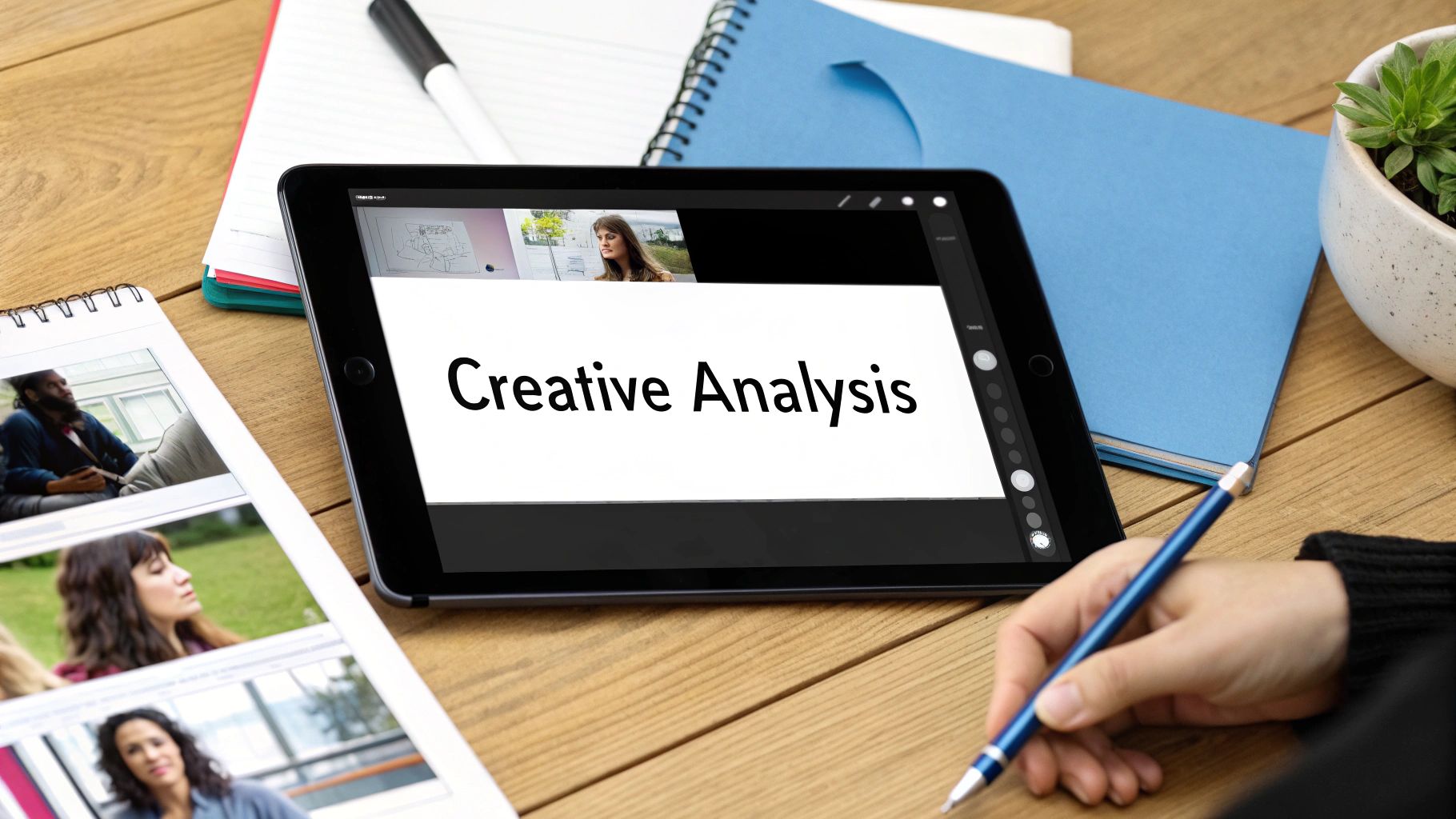 A person is writing on a tablet that displays 'Creative Analysis' on a wooden desk with notebooks.