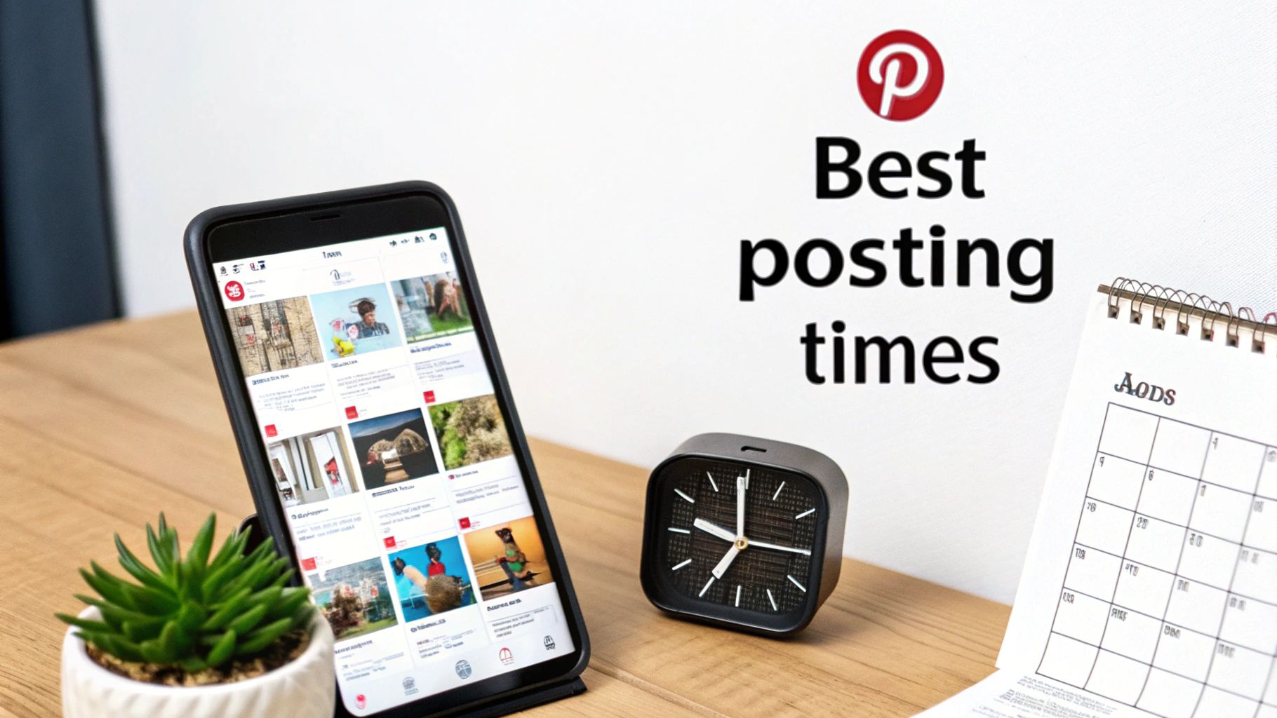 A smartphone showing the Pinterest app, a clock, and a calendar with 'Best posting times' text.