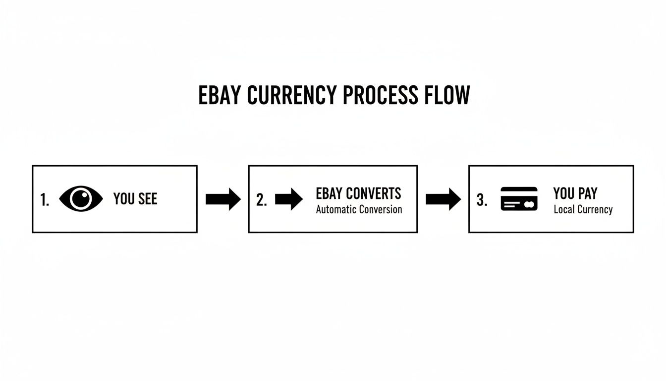 A flowchart detailing the eBay currency conversion process, showing steps from viewing to payment.