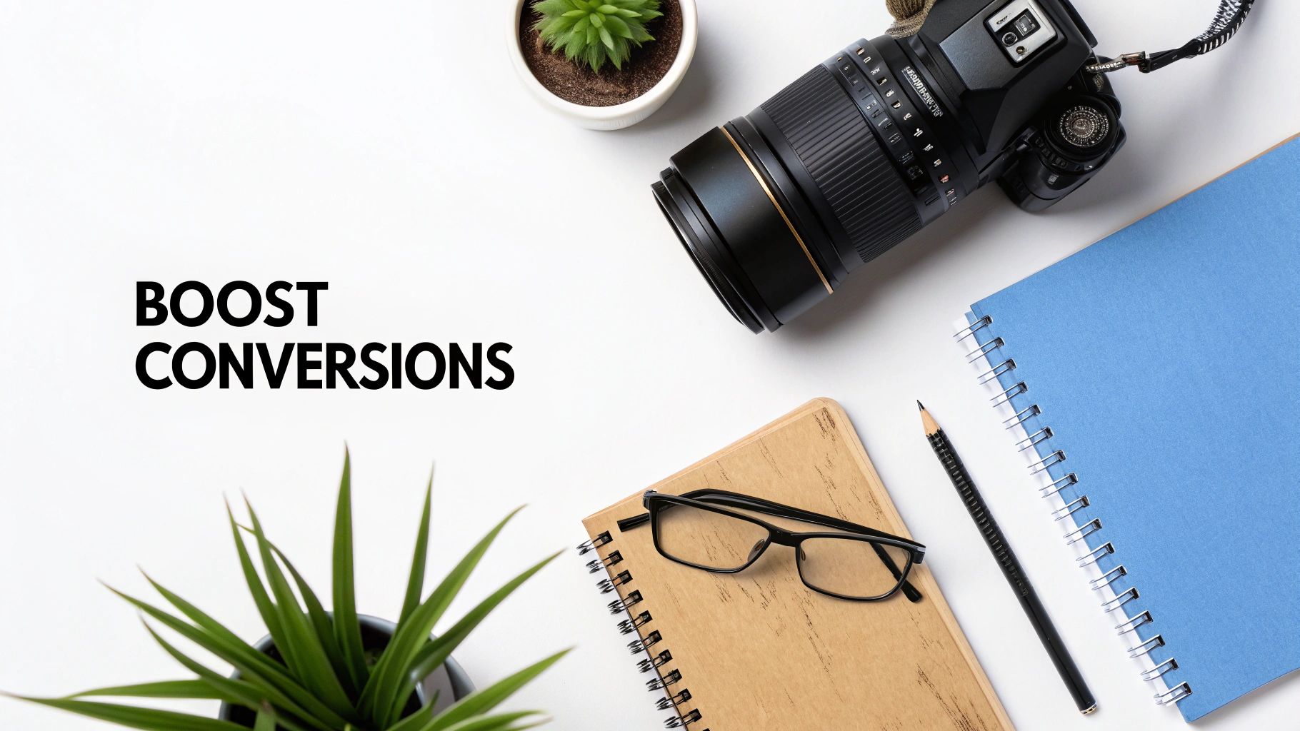 Overhead view of a desk with a camera, notebooks, glasses, and plants, with text 'BOOST CONVERSIONS'.