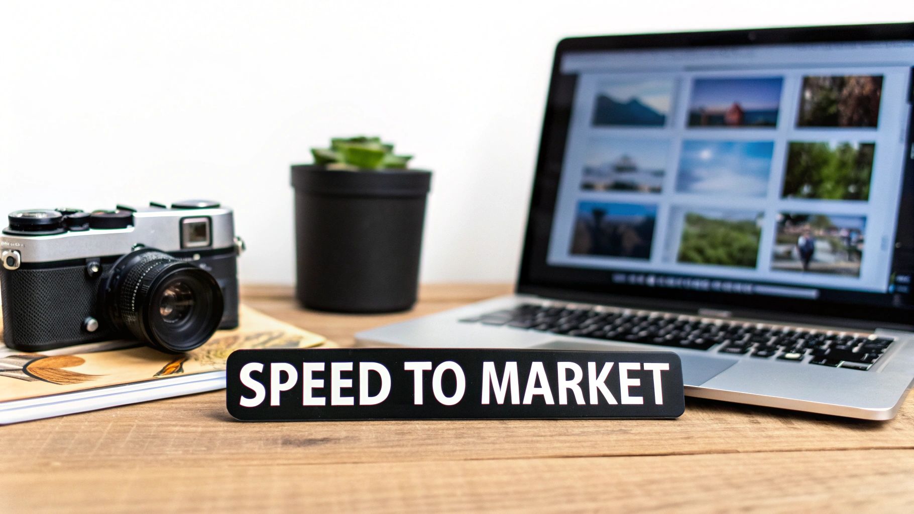 A vintage camera, laptop showing a photo grid, and a 'SPEED TO MARKET' sign on a wooden desk.