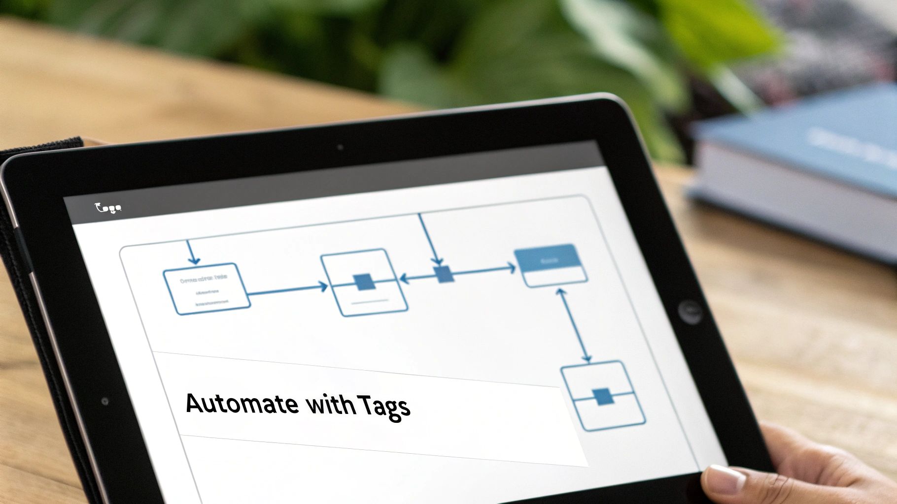 Close-up of a hand holding a tablet displaying a flowchart diagram and 'Automate with Tags' text.