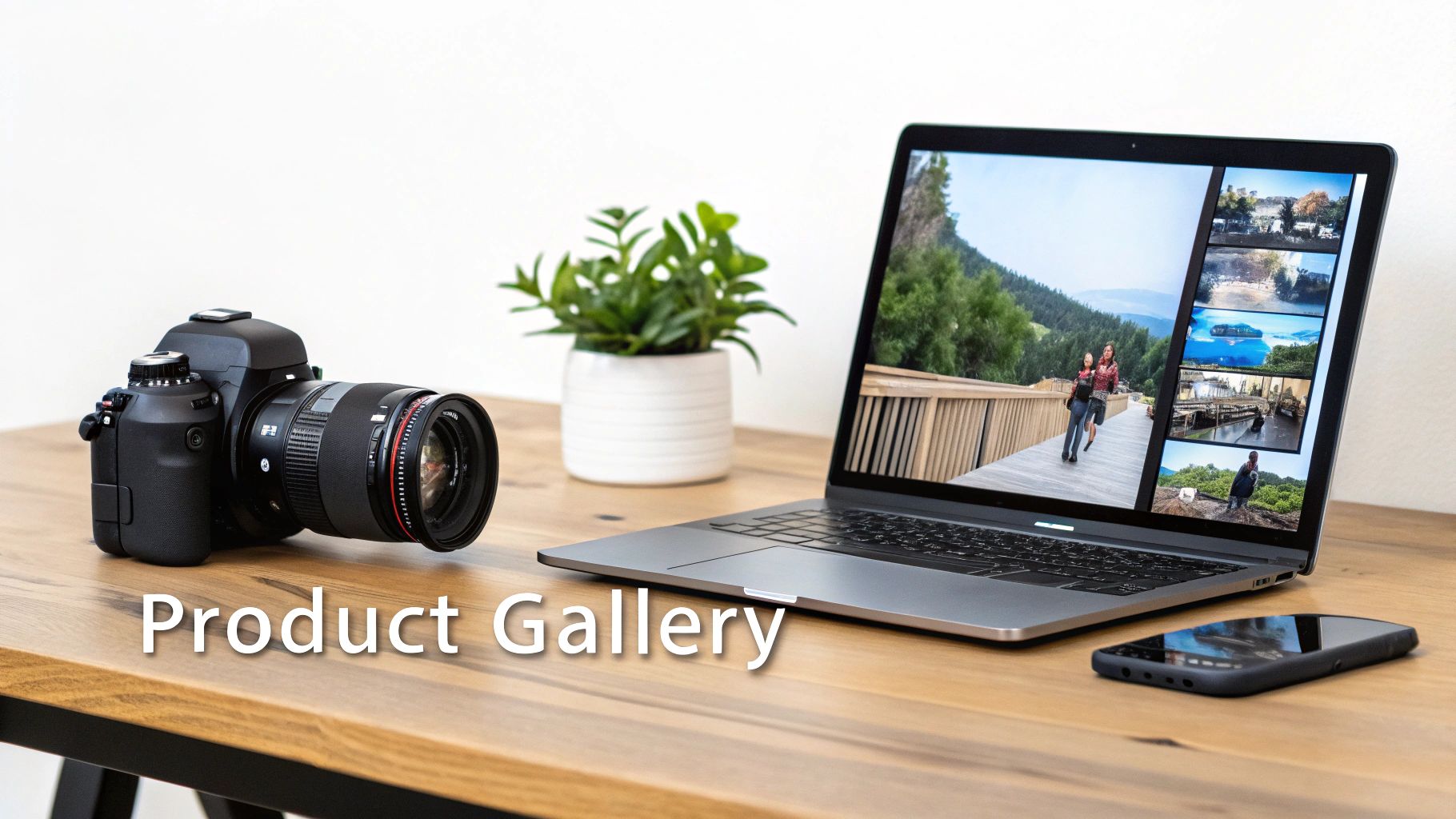 Digital camera, laptop displaying a photo gallery, smartphone, and a plant on a wooden desk.