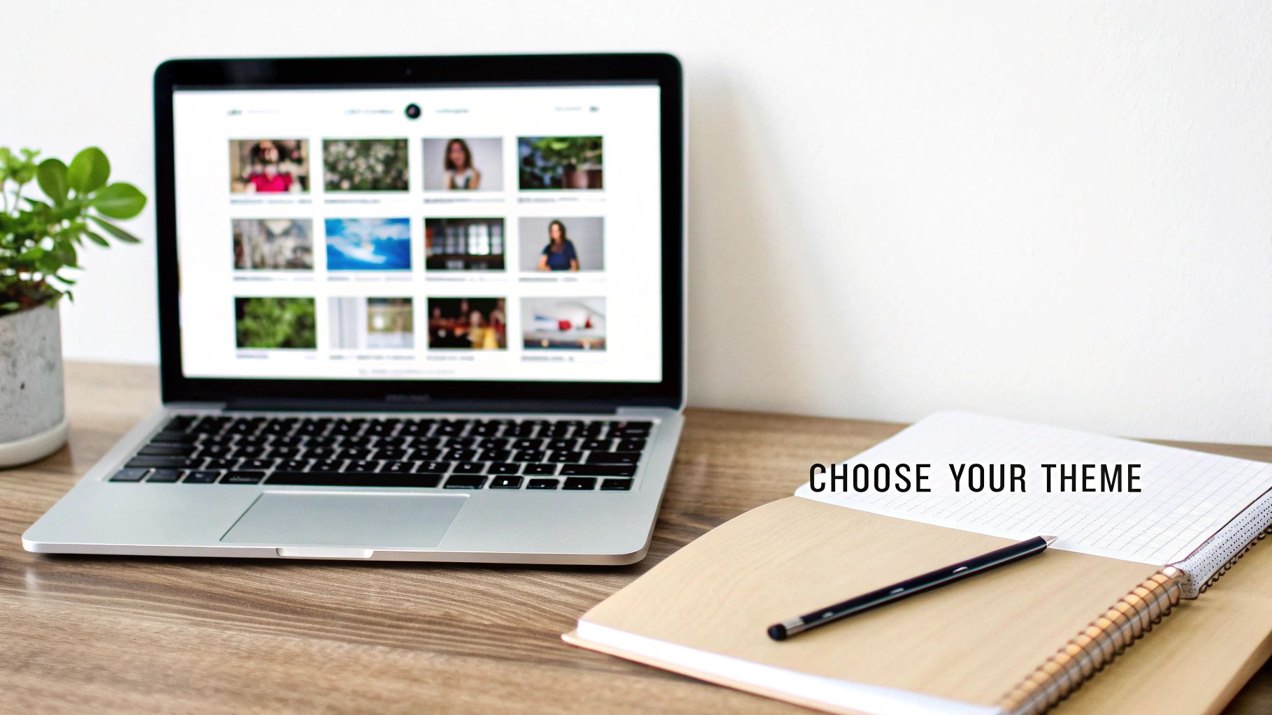Laptop displaying website themes, an open notebook with 'CHOOSE YOUR THEME', a pen, and a plant.