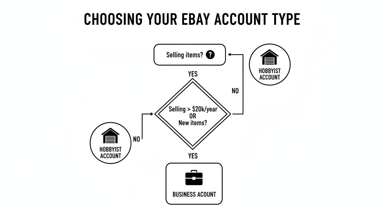 A flowchart guides users on choosing between a hobbyist or business eBay account based on selling criteria.