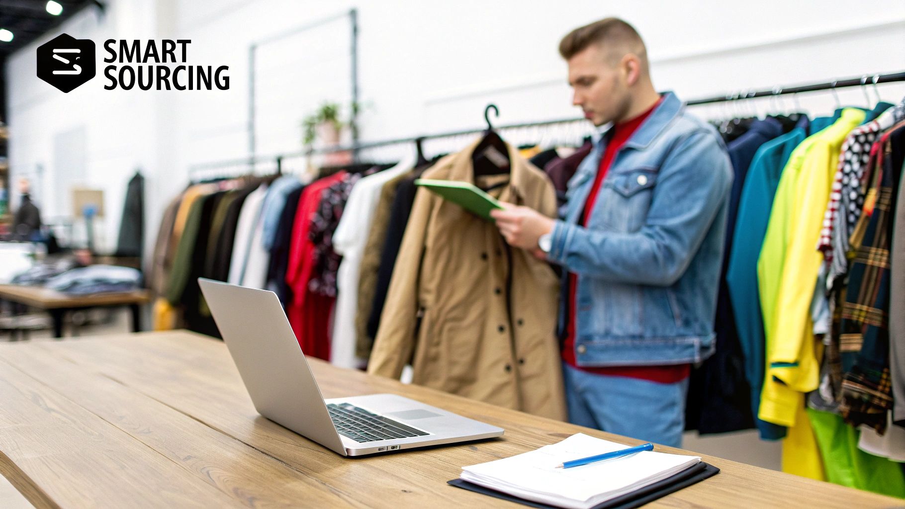 Man inspecting clothes on a rack in a store, with a laptop and notepad on a wooden table.