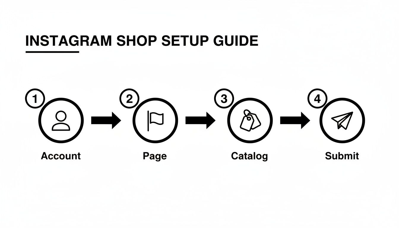 A four-step visual guide demonstrating how to set up an Instagram shop, including account, page, catalog, and submit.