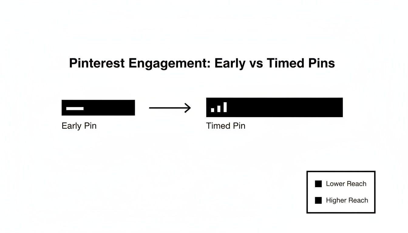 A diagram illustrating that Pinterest Timed Pins achieve higher reach compared to Early Pins.