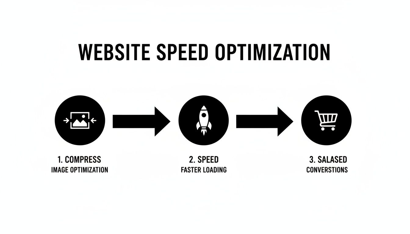Flowchart illustrating website speed optimization through image compression, faster loading, and increased conversions.