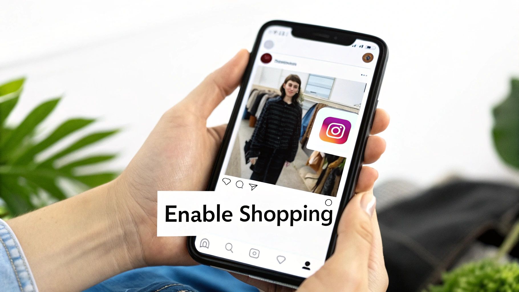 Hands holding a smartphone showing the Instagram app with a post and an 'Enable Shopping' banner.