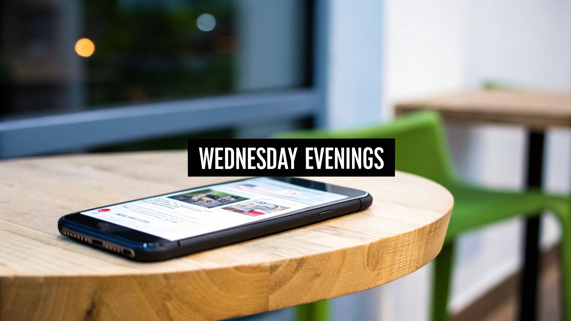 A smartphone rests on a light wooden table, with 'WEDNESDAY EVENINGS' text overlay.