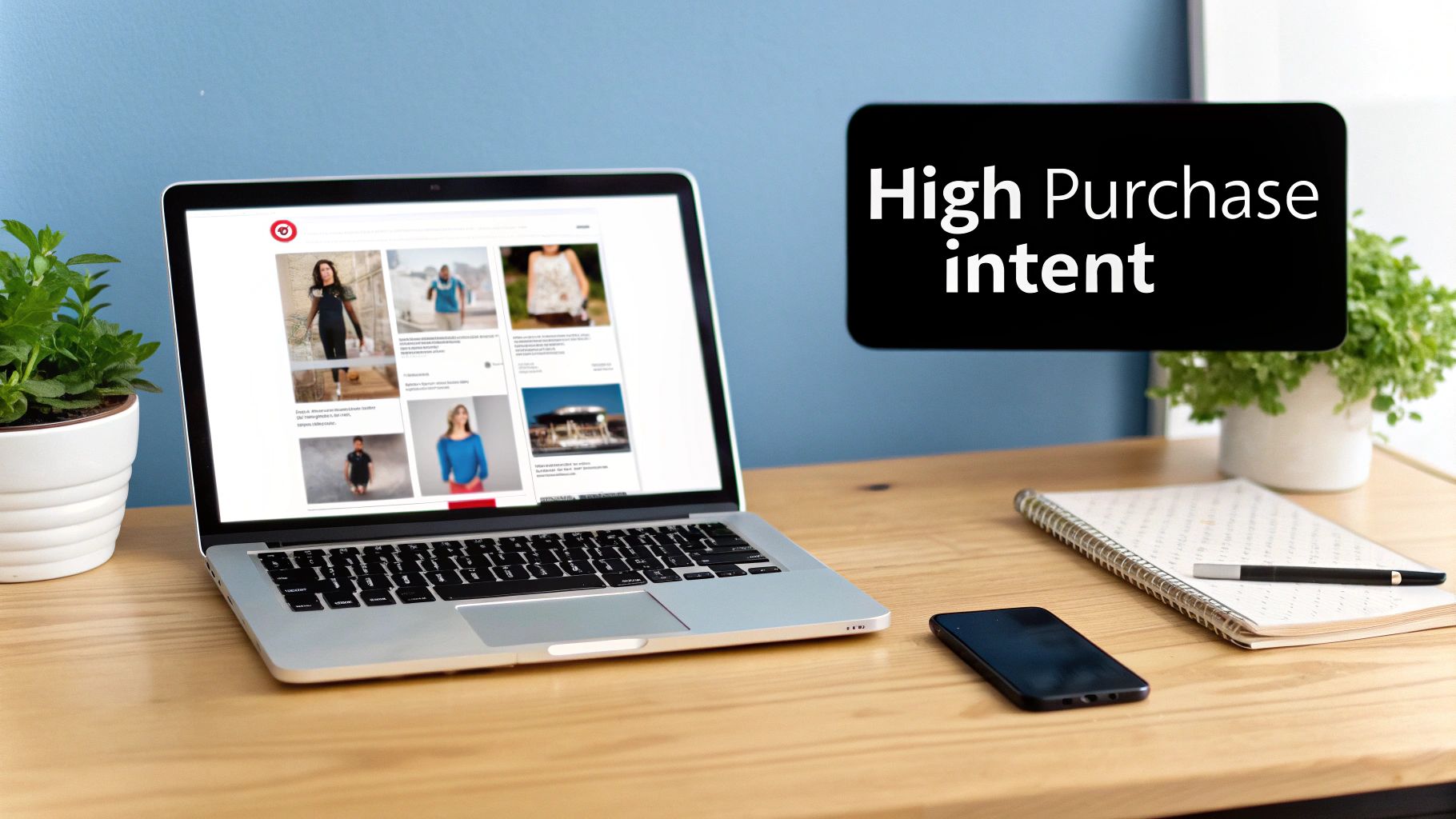 A laptop displays product images on a screen, beside 'High Purchase intent' text on a clean wooden desk.