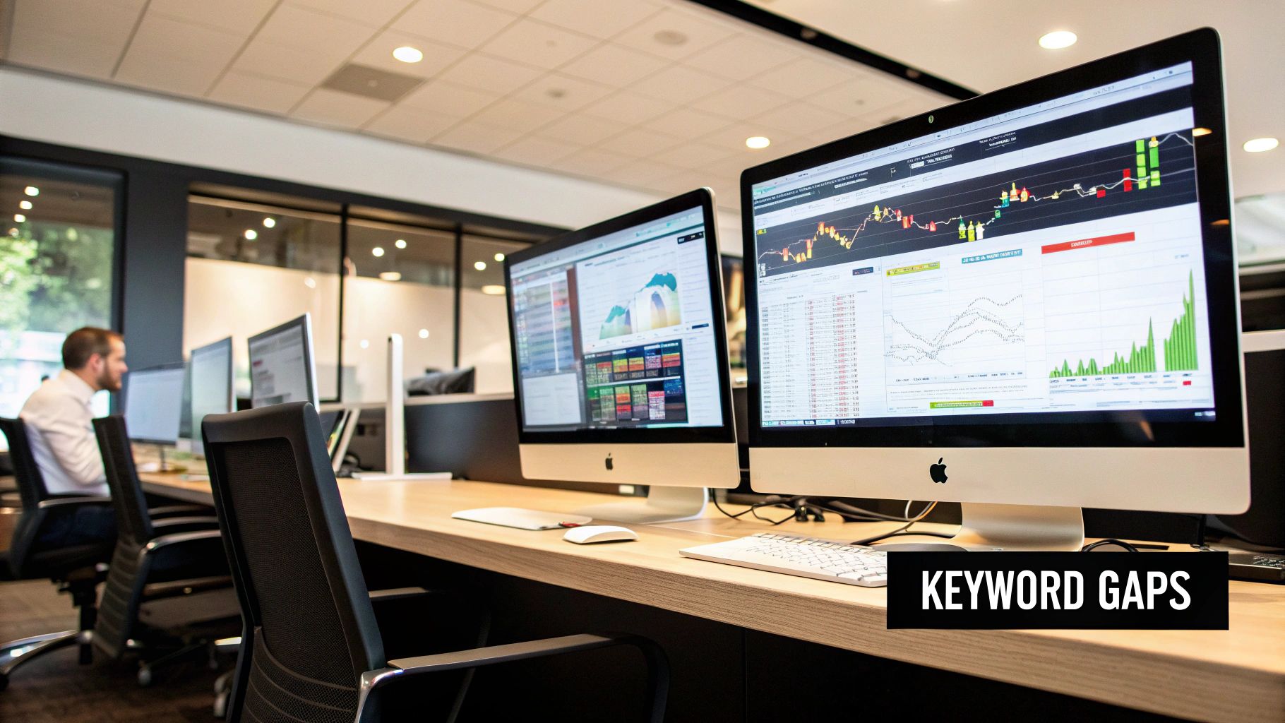 Person analyzing charts and graphs on multiple computer screens