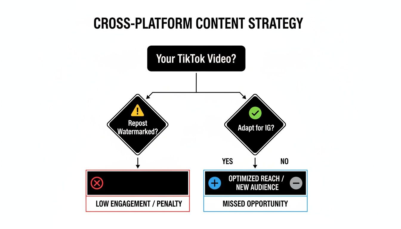 Flowchart showing a cross-platform content strategy for TikTok videos, advising on Instagram posting.