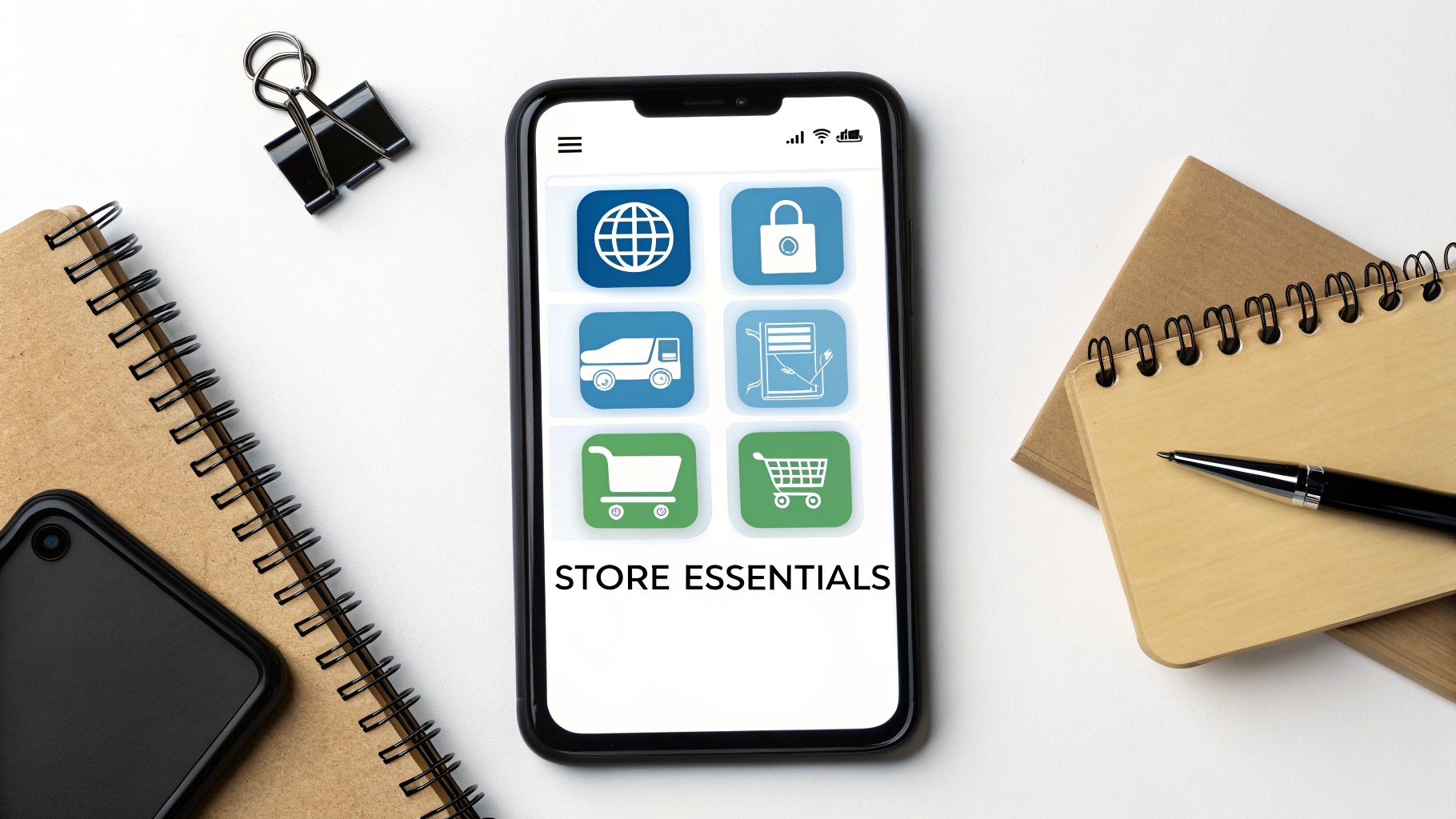 A digital illustration showing interconnected gears representing essential ecommerce features like carts,payments, and SEO.