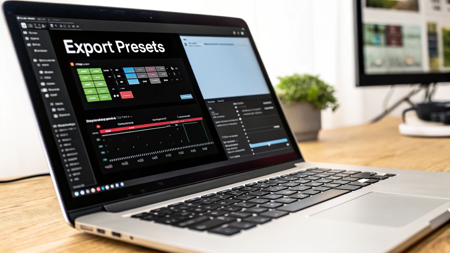 A silver laptop displays video editing software with 'Export Presets' title and various controls.