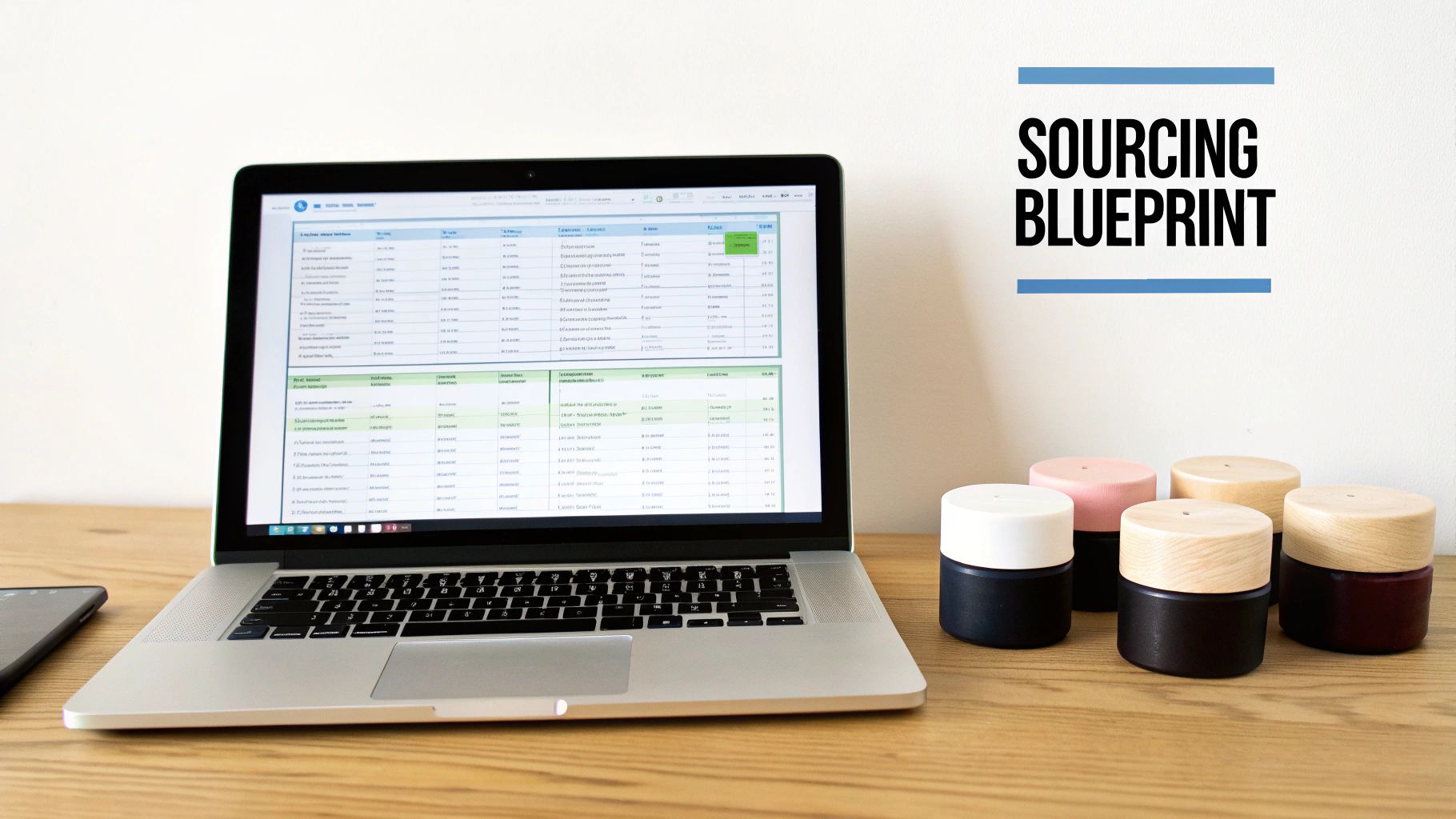 A laptop displays a sourcing blueprint spreadsheet on a wooden desk, next to five small decorative jars.