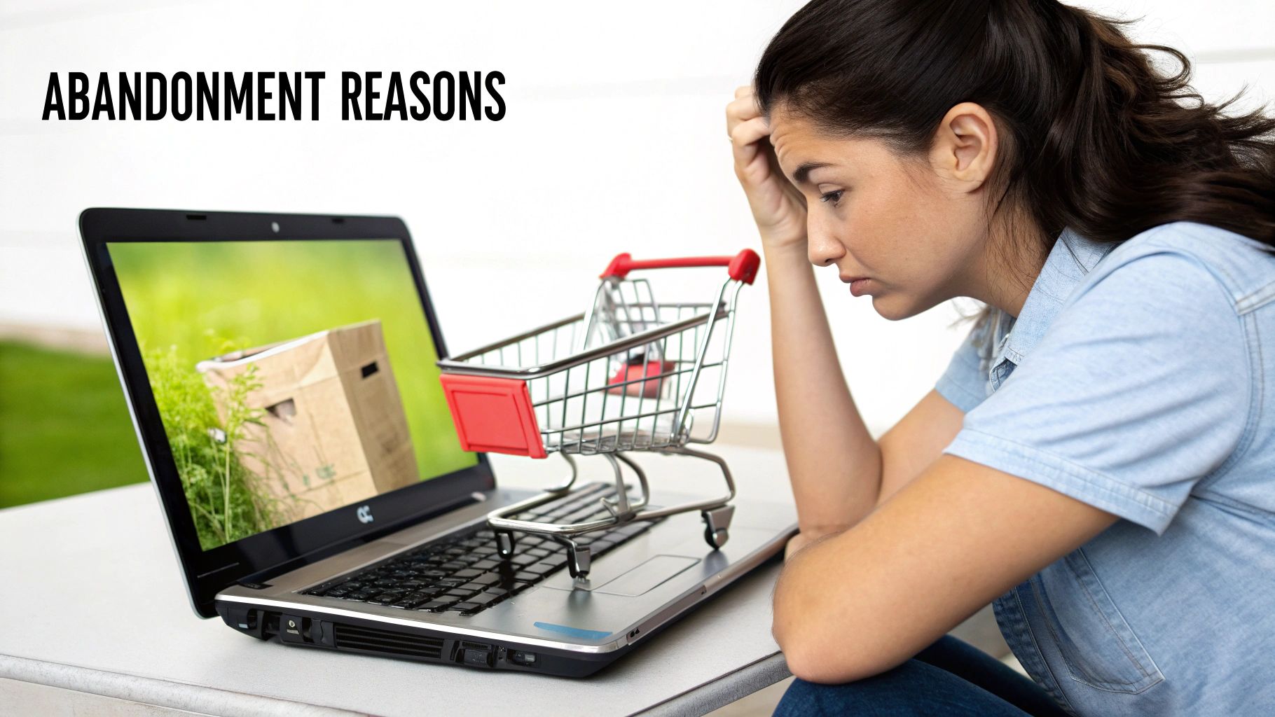A person looking thoughtfully at a shopping cart on a laptop screen, symbolizing the issue of cart abandonment
