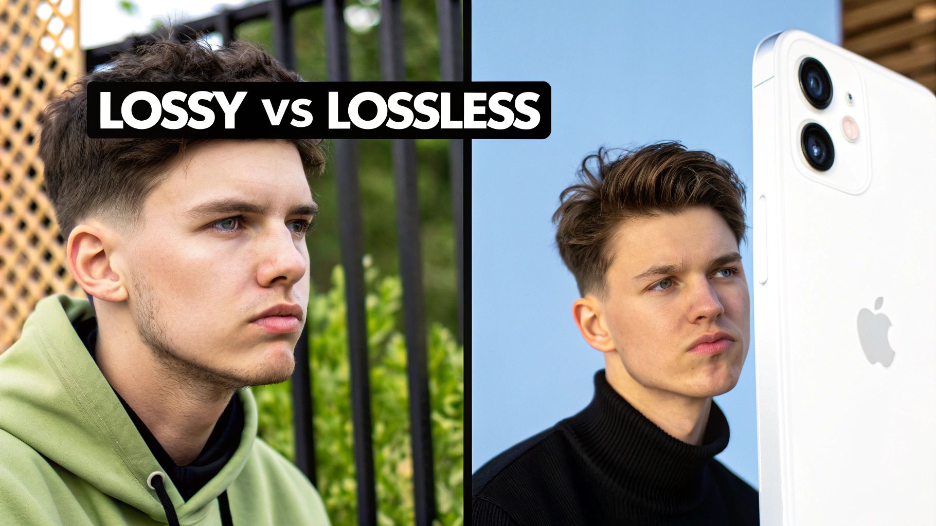 Split image showing a man in two settings, comparing 'Lossy vs Lossless' concepts with an iPhone.
