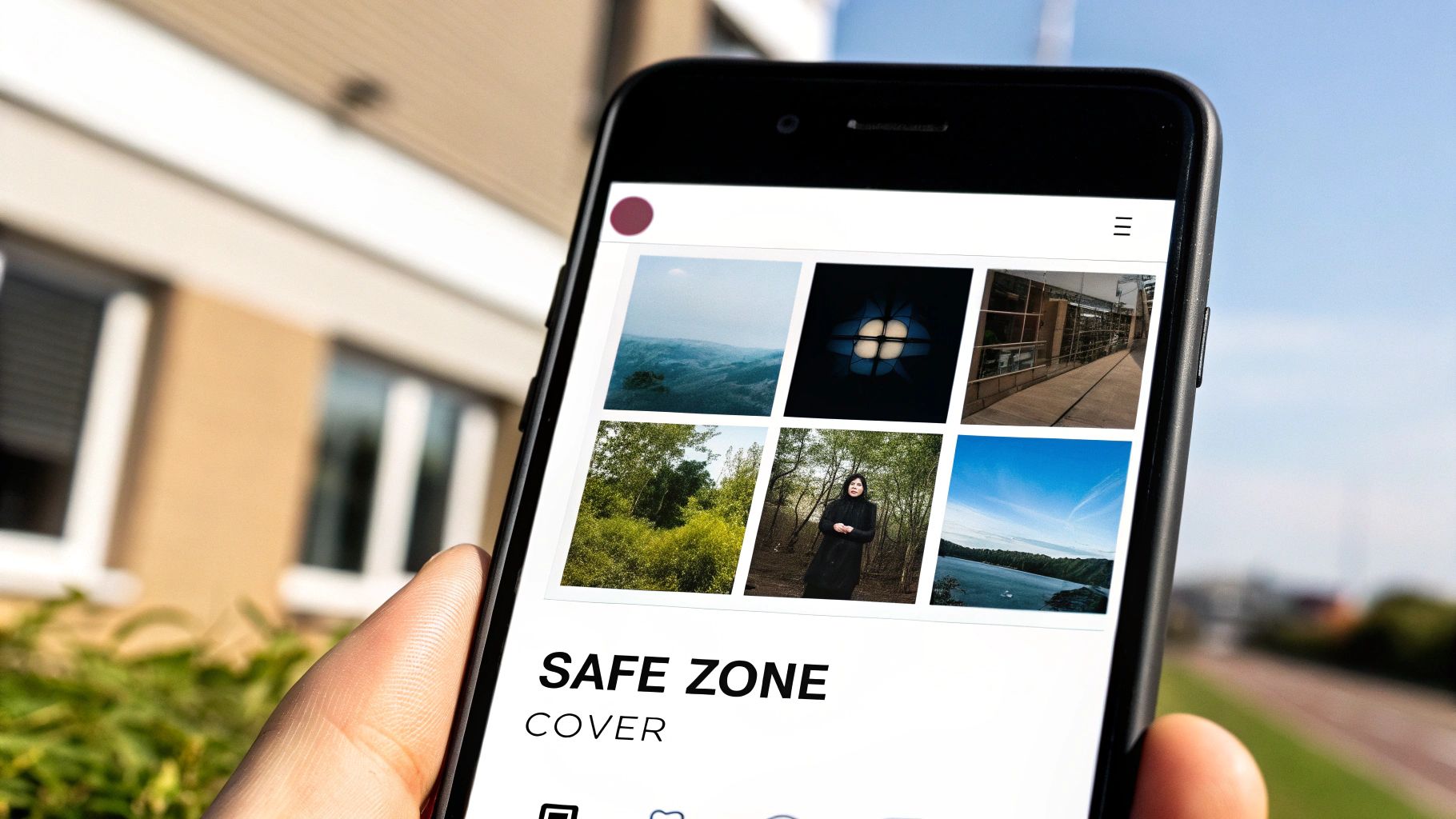 A hand holds a black smartphone displaying a social media application with a grid of six images.