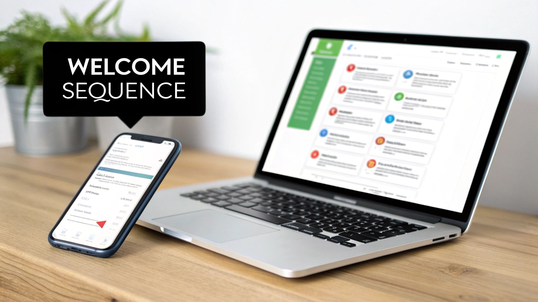 Smartphone and laptop on a wooden desk showing 'Welcome Sequence' email marketing automation.