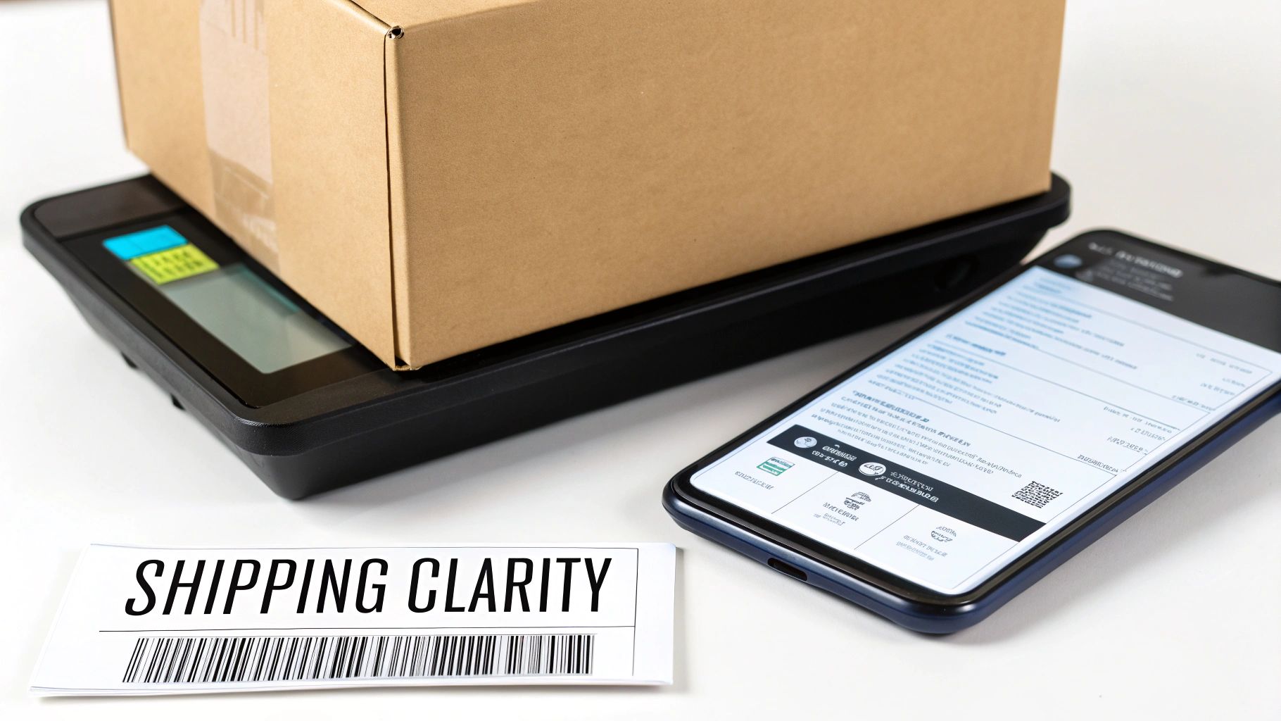 Preparing a package for shipping with a cardboard box on a scale, a smartphone, and a shipping label.