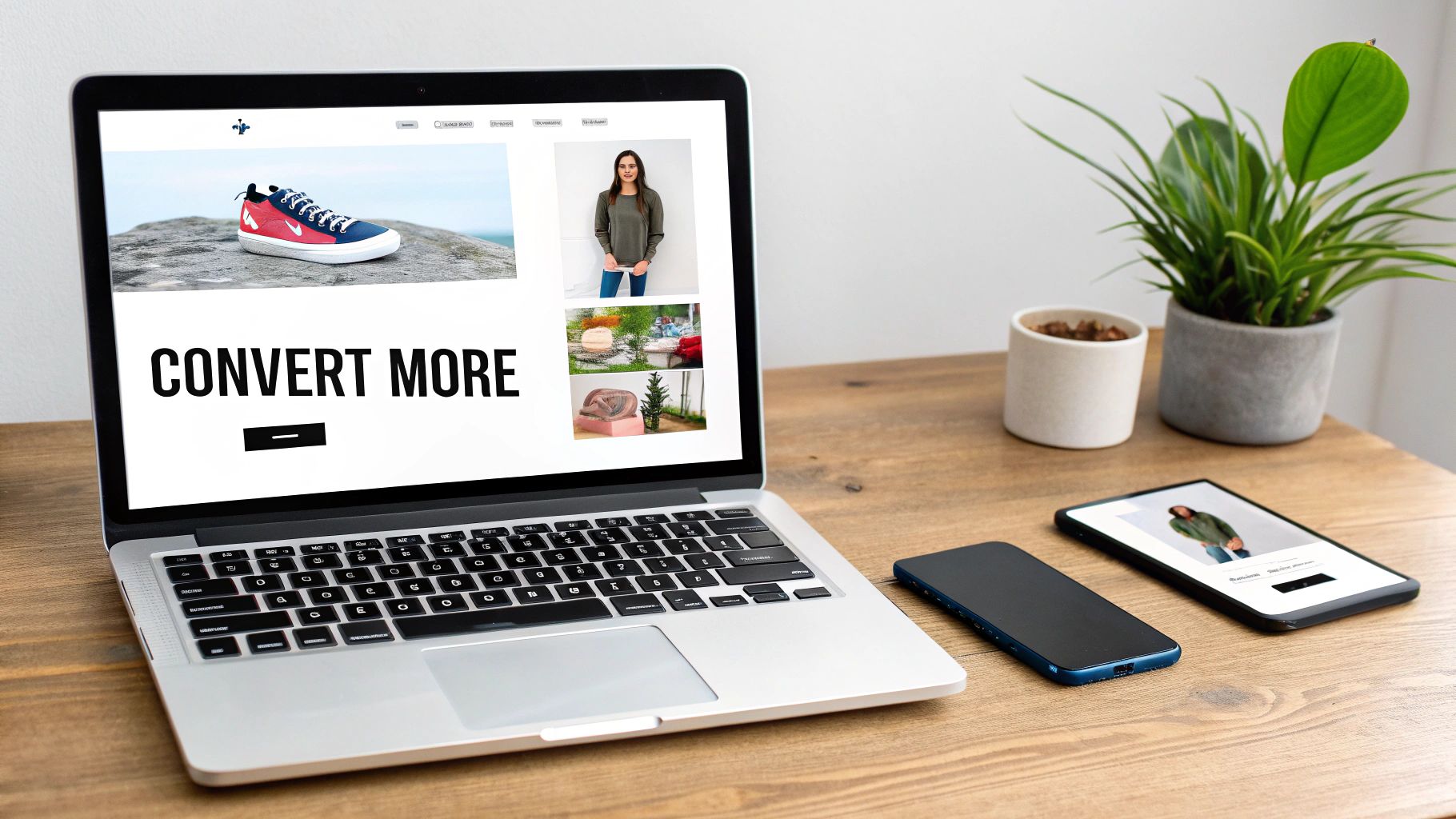 E-commerce website on a laptop and smartphone, featuring products like shoes and clothing, with desk plants.