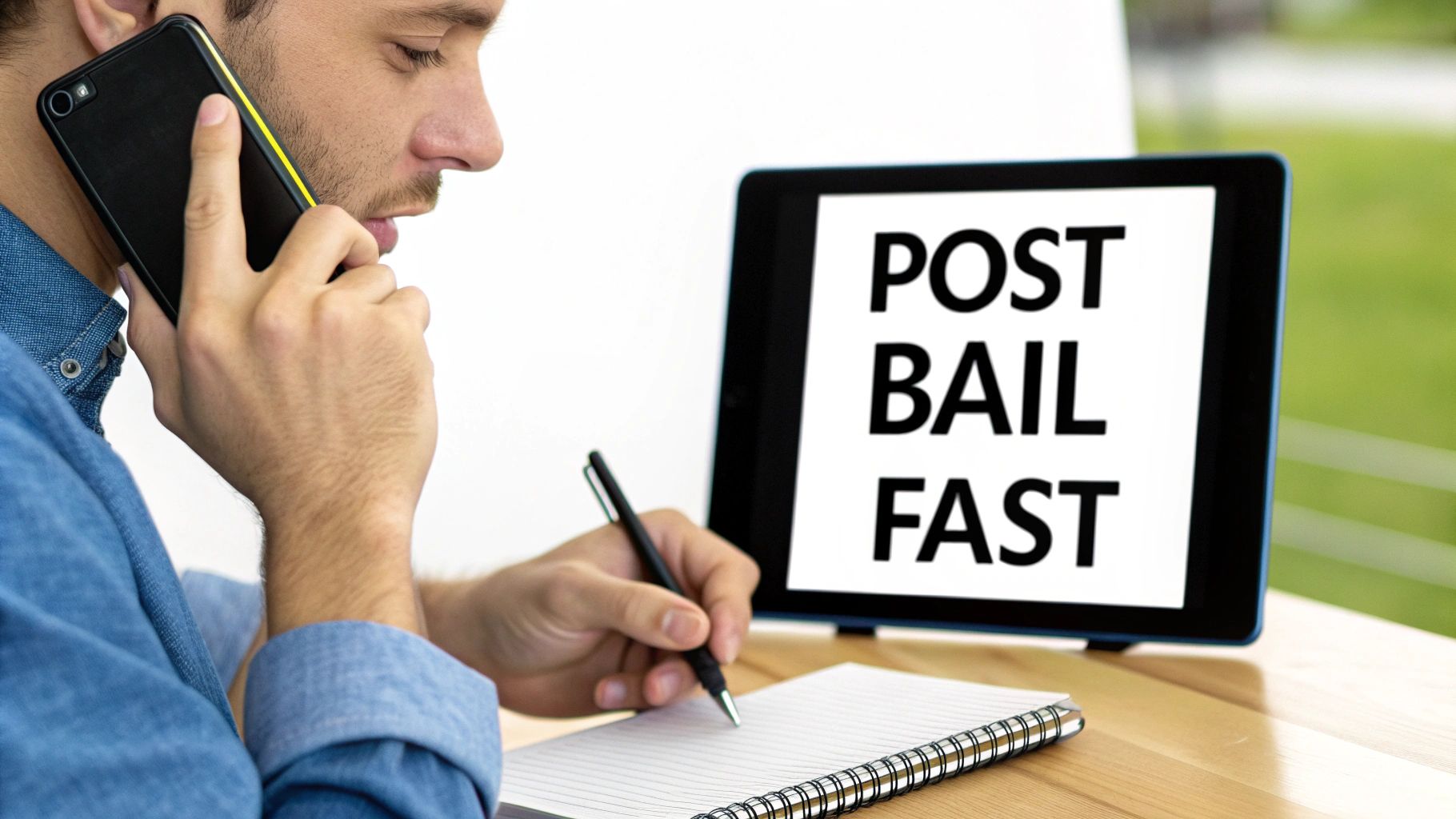 Man on phone, writing notes, with a tablet displaying 'POST BAIL FAST' for legal assistance.