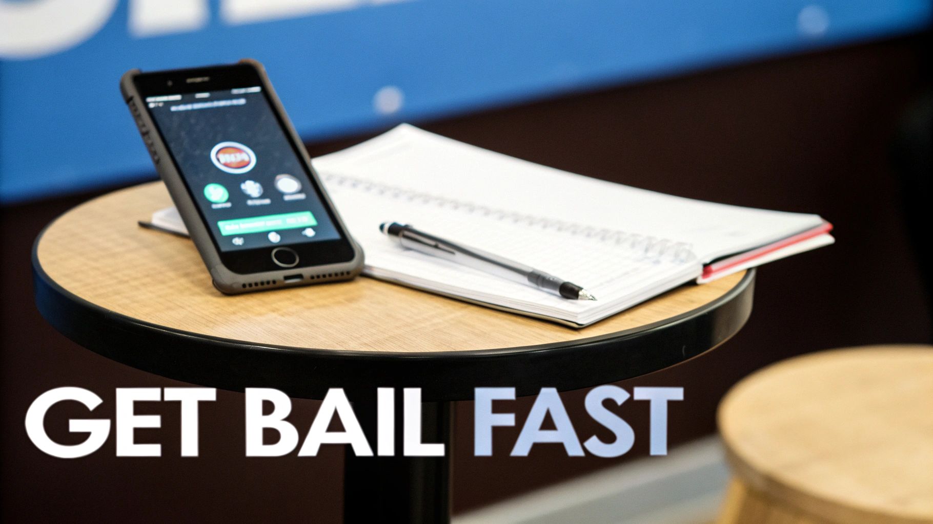 A smartphone displaying a bail assistance app, a notebook, and a pen on a table.