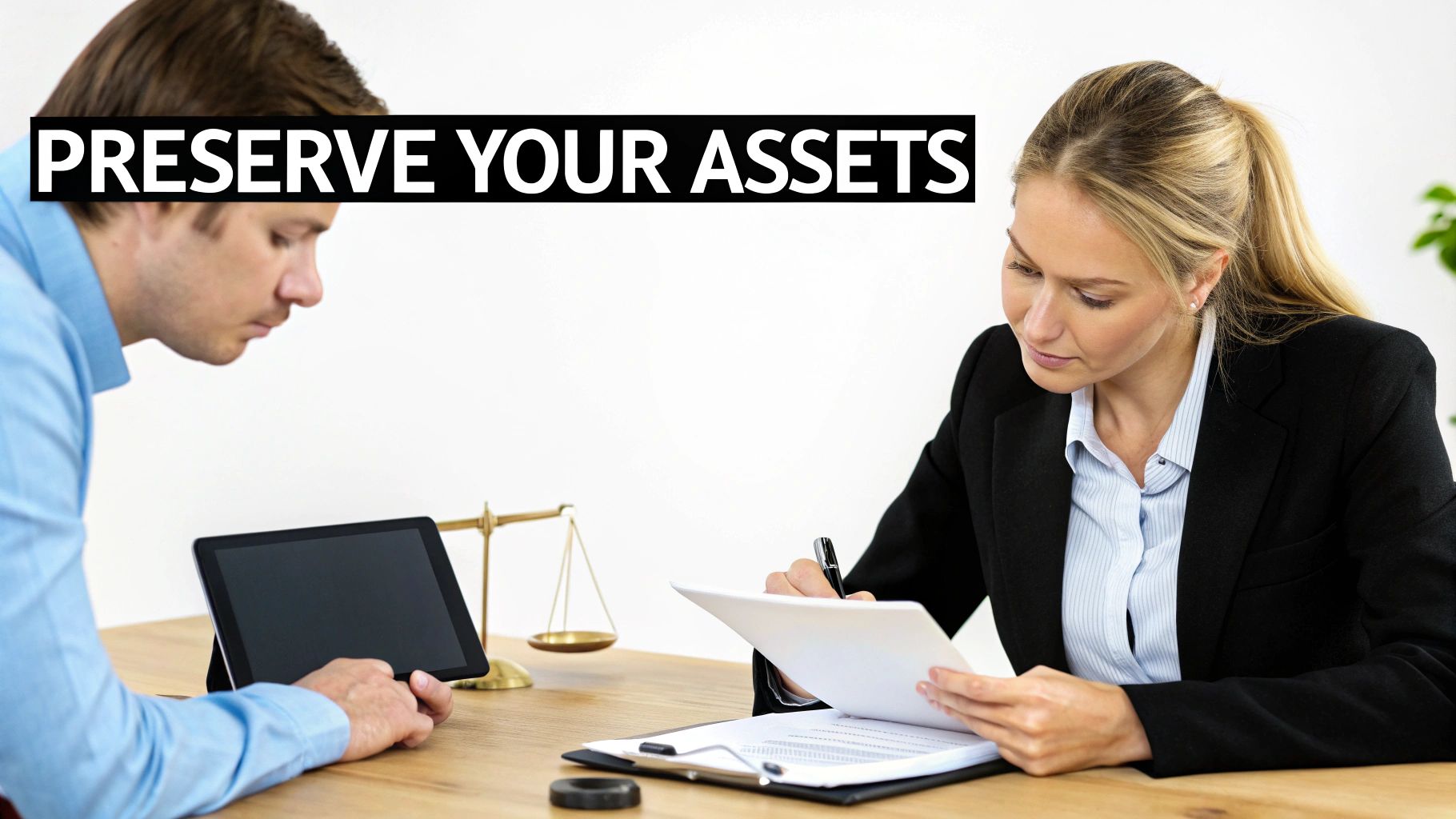 A man and a woman, likely a client and a lawyer, review documents to preserve assets.