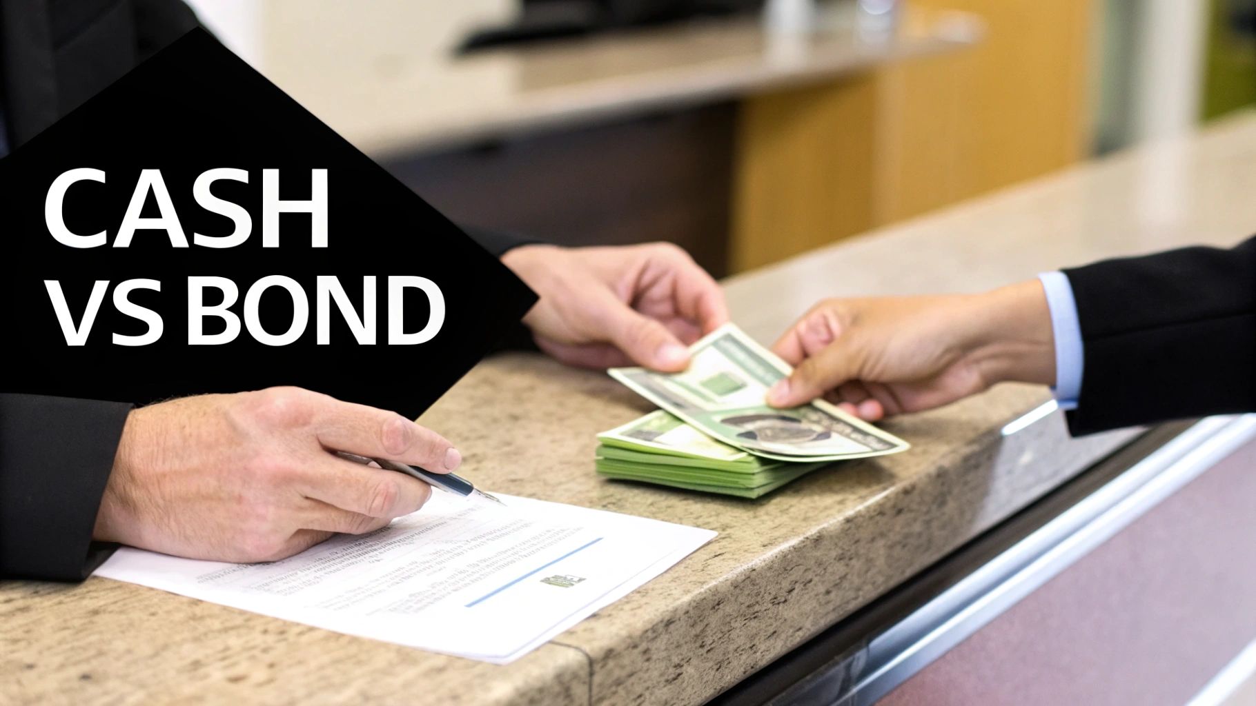 Two people at a counter, one signing a document while another handles cash, with text 'CASH VS BOND' overlay.