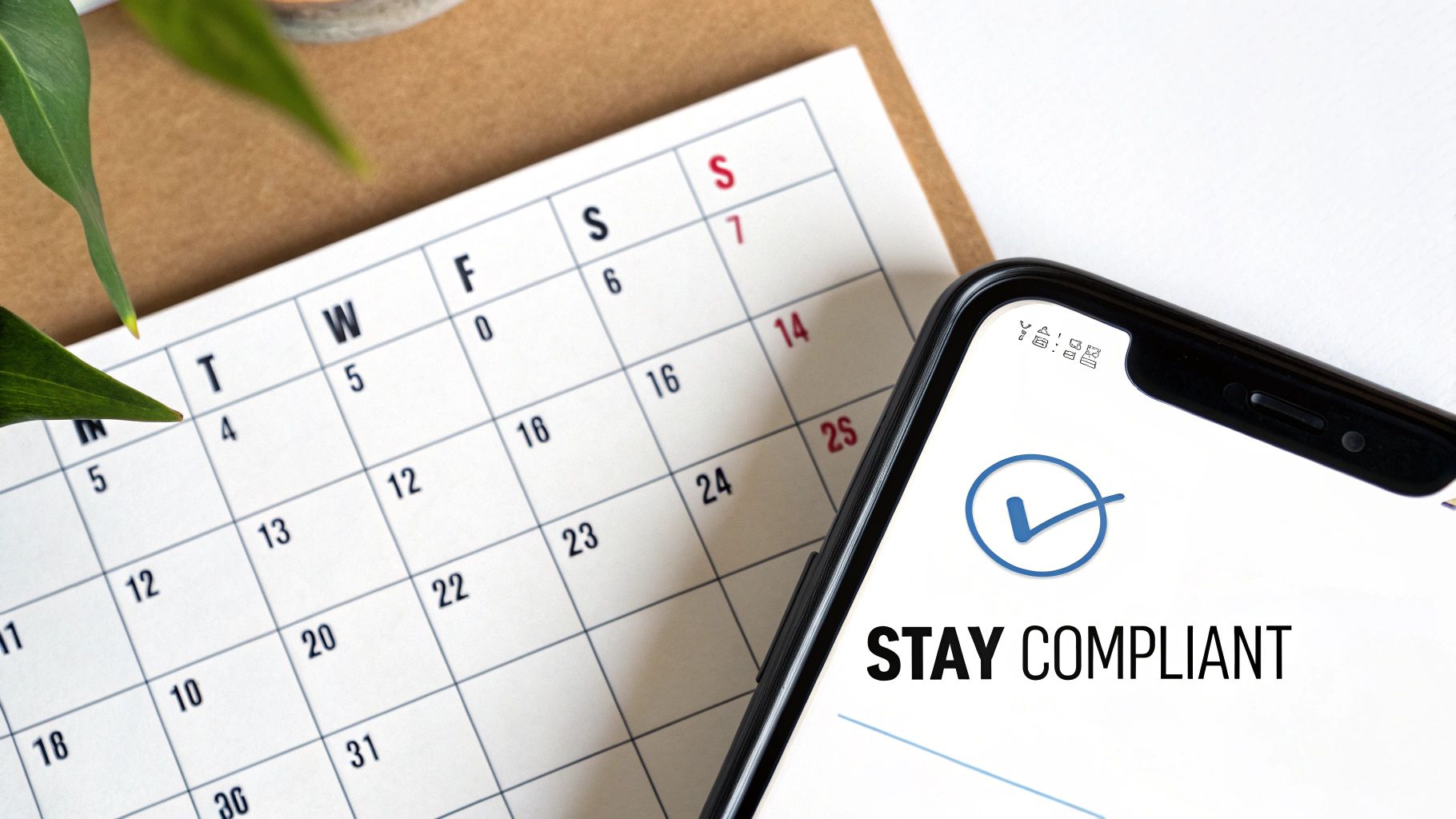 A close-up of a calendar and a smartphone displaying 'STAY COMPLIANT' with a checkmark icon.