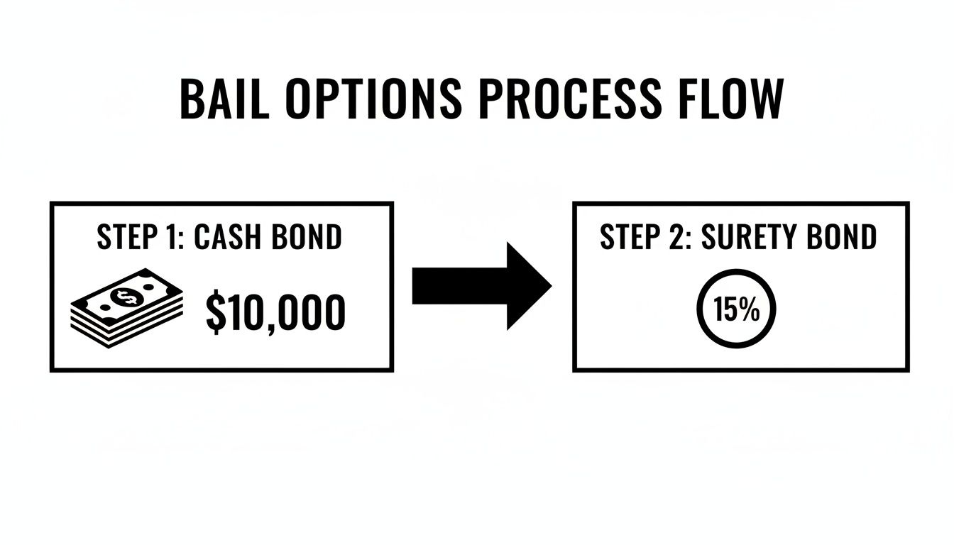 A flow chart illustrating bail options: Step 1, a $10,000 cash bond, leads to Step 2, a 15% surety bond.