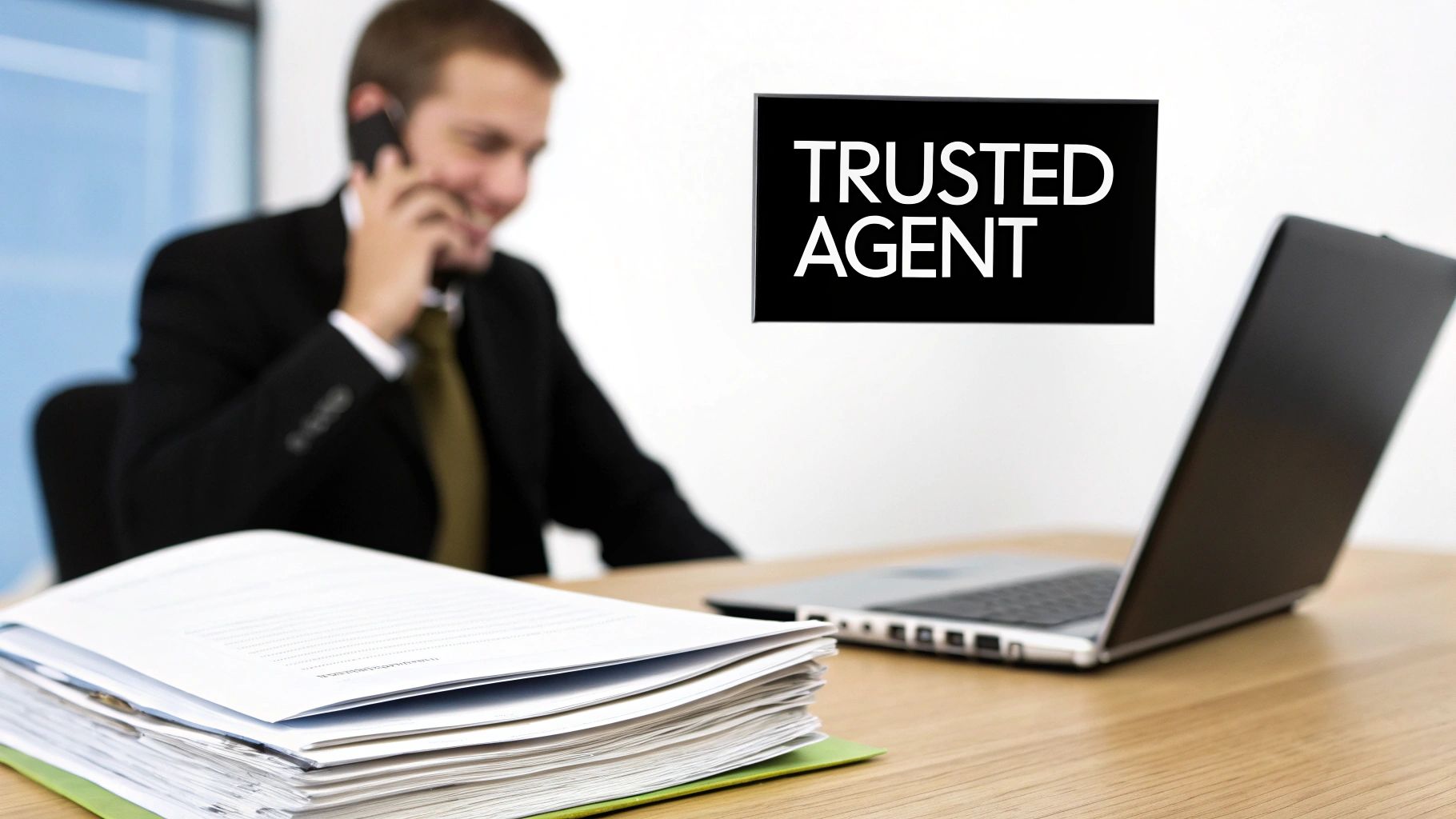 Professional man talking on phone at a desk with papers, laptop, and 'TRUSTED AGENT' sign.