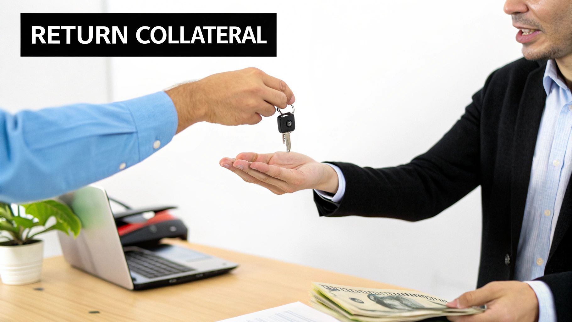 A person hands car keys to another person holding money, symbolizing the return of collateral.