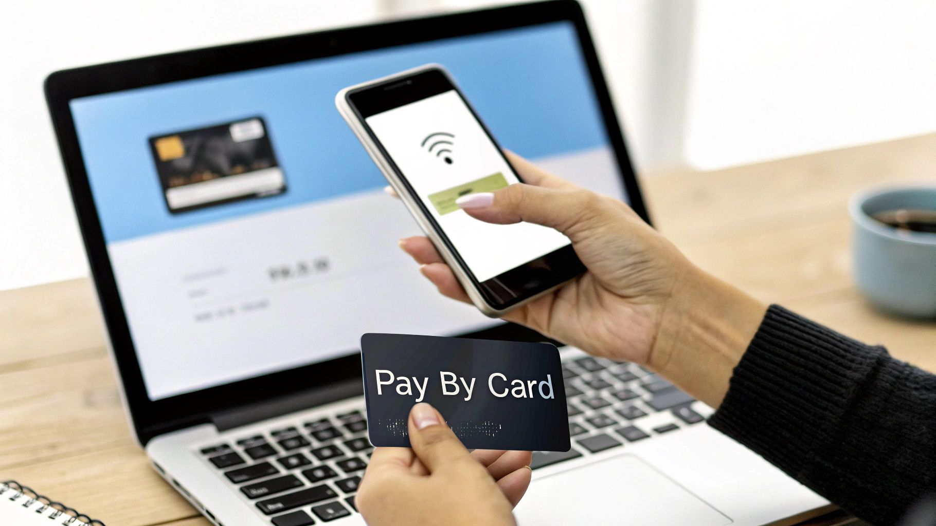 A person's hands performing an online card payment with a smartphone and a credit card.