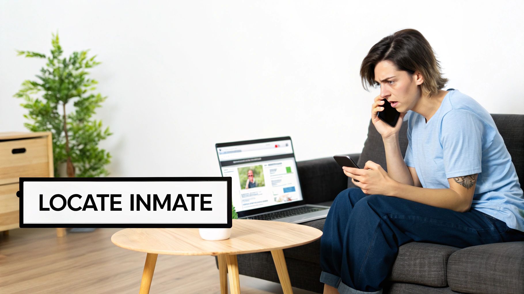 A concerned person on a couch talks on a phone while looking at a laptop and a 'LOCATE INMATE' sign.