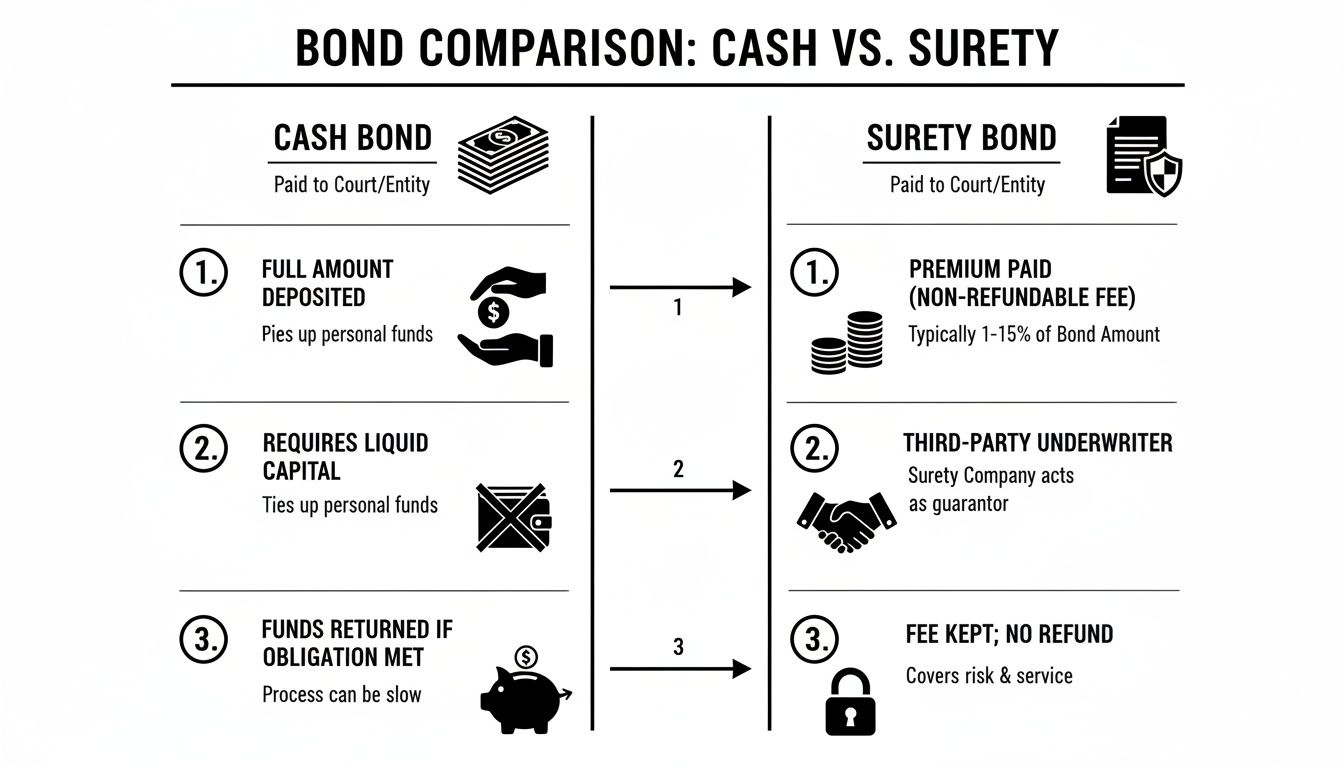 Comparison chart detailing key differences between cash bonds and surety bonds for getting out of jail.