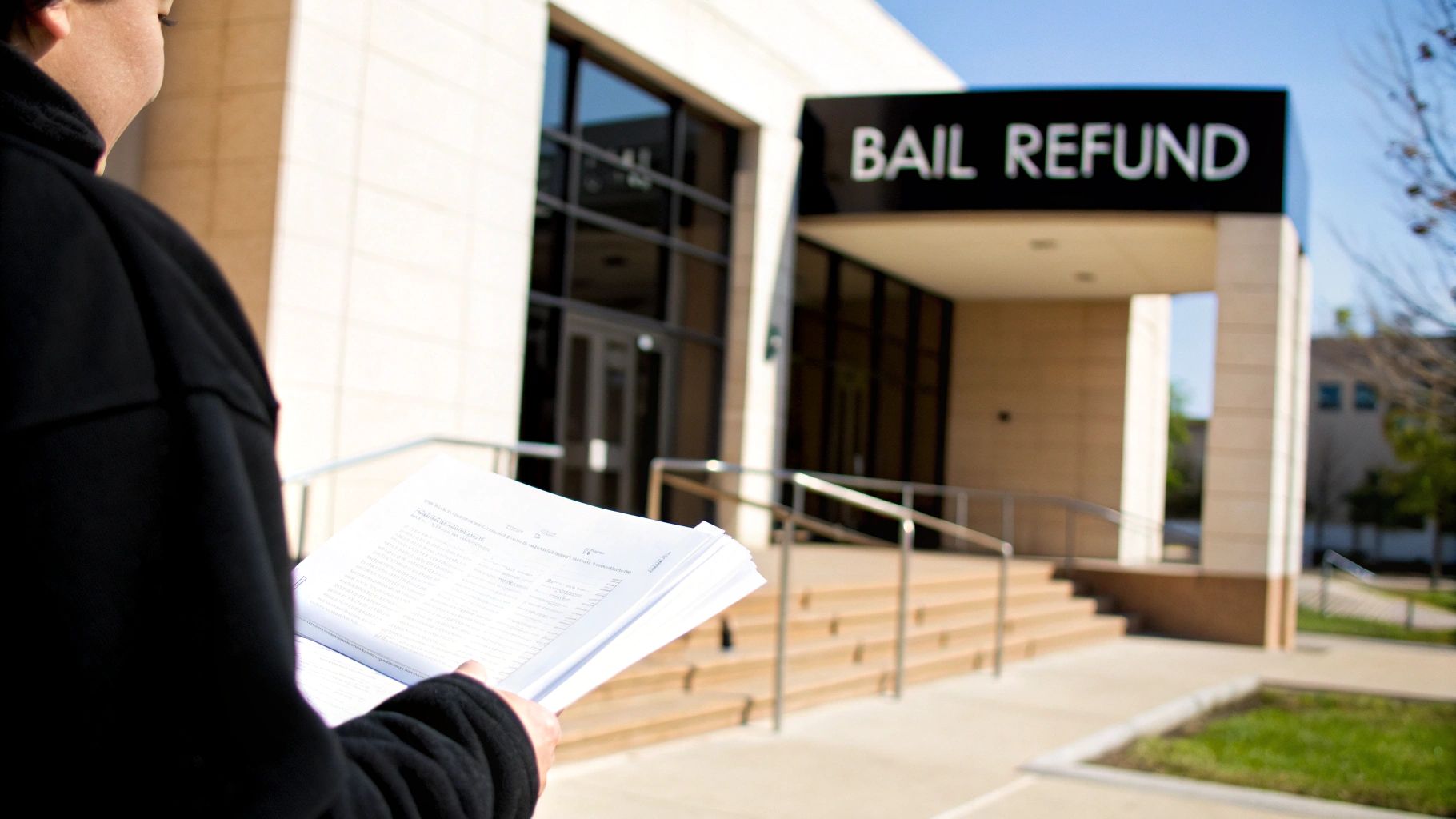 Person holding papers stands outside a building with a "BAIL REFUND" sign on a sunny day.